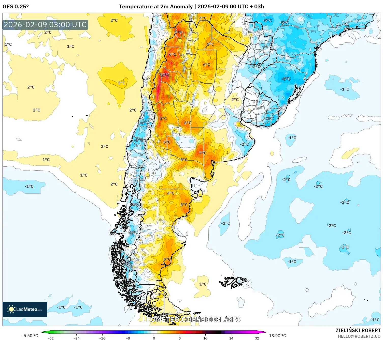 GFS model - Argentina, Anomali Suhu 2 m