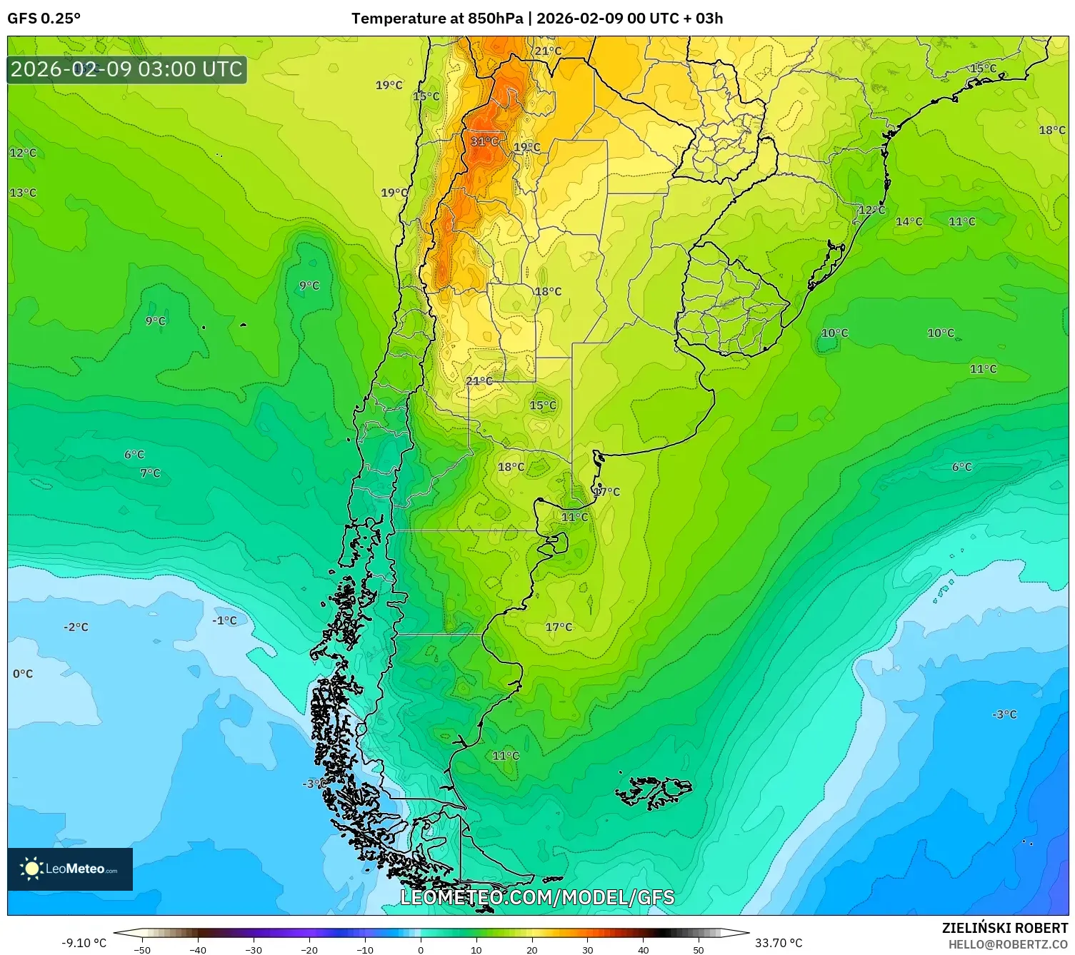 GFS model - Argentina, Suhu 850 hPa