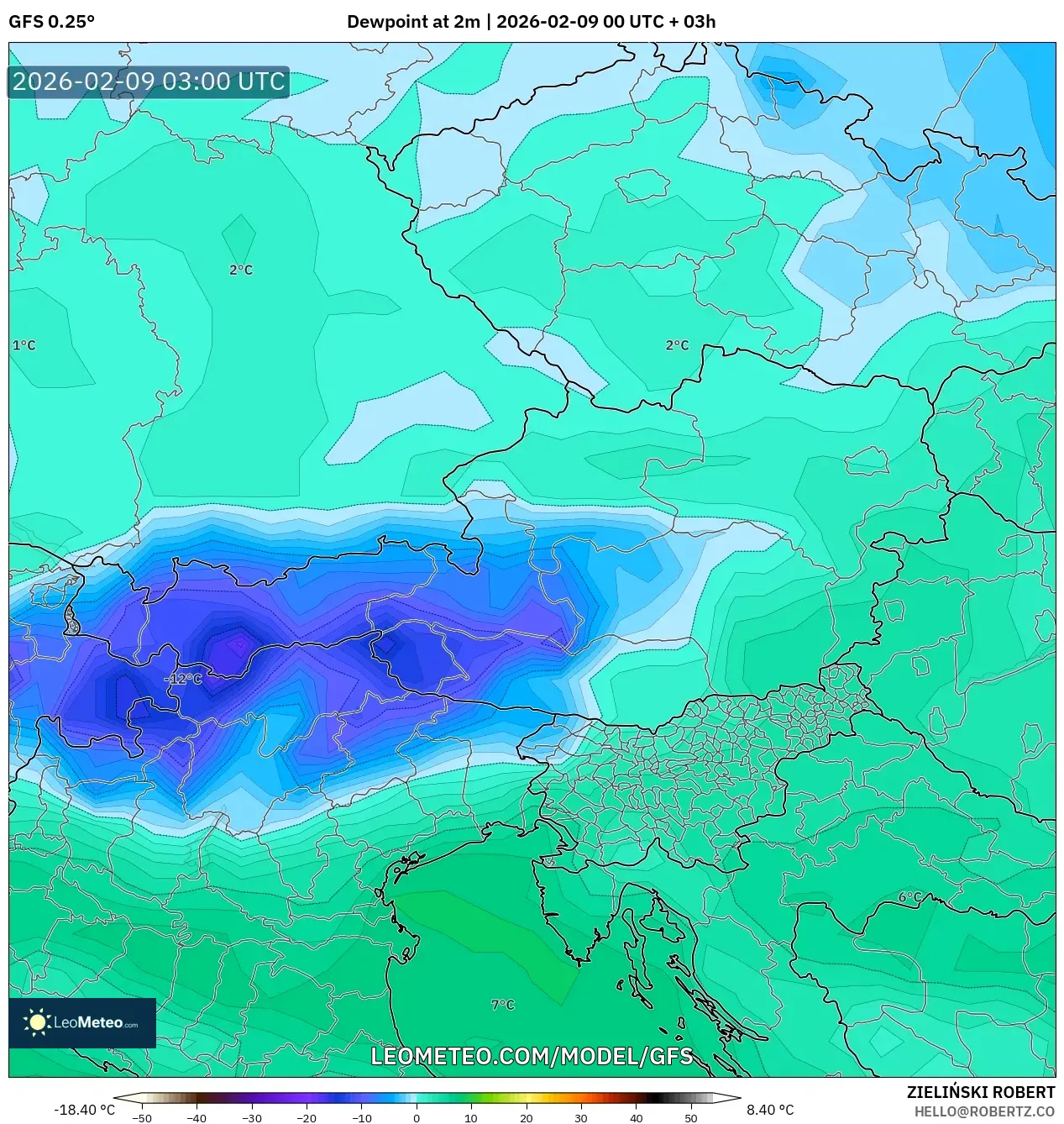 GFS model - Austria, Takat Embun 2 m