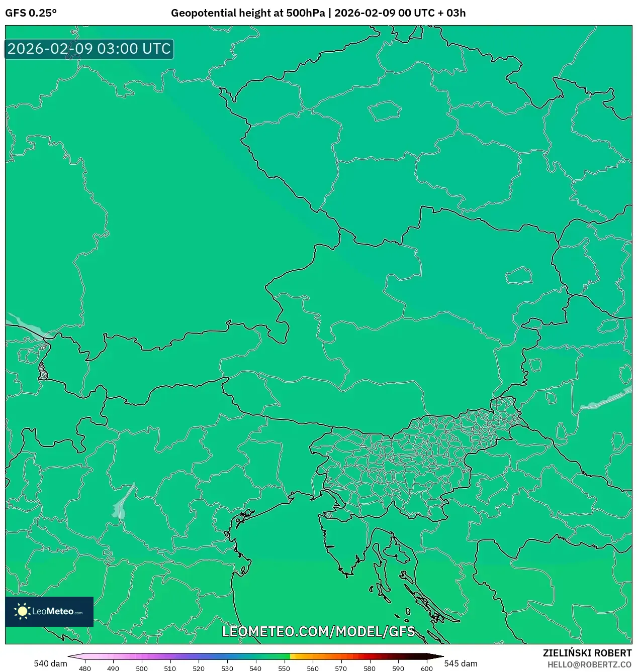 GFS model - Austria, Ketinggian geopotensial pada 500 hPa