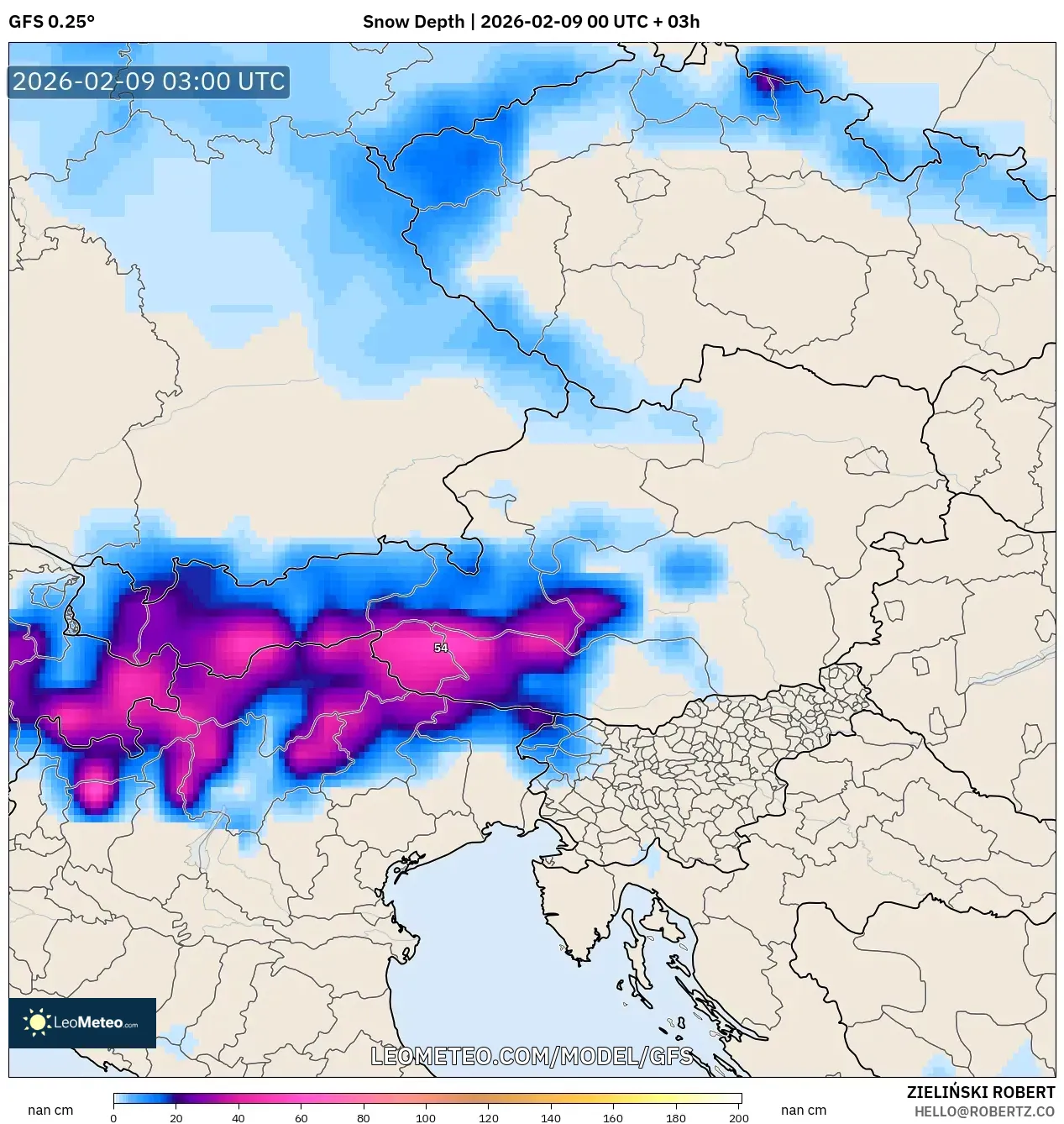 GFS model - Austria, Ketebalan Salji