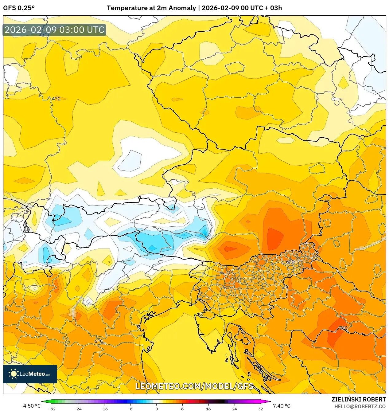 GFS model - Austria, Anomali Suhu 2 m