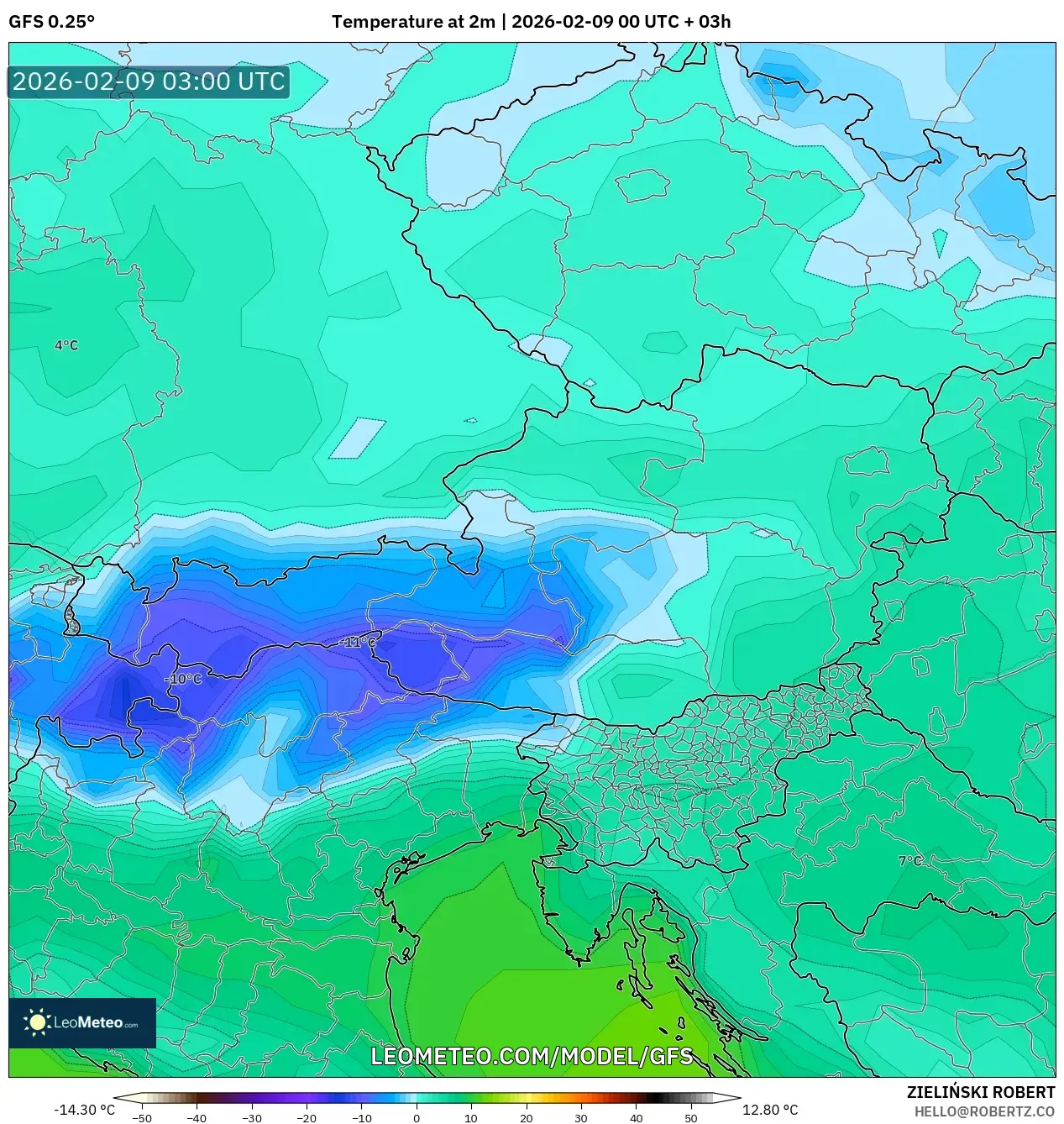 GFS model - Austria, Suhu pada 2 m