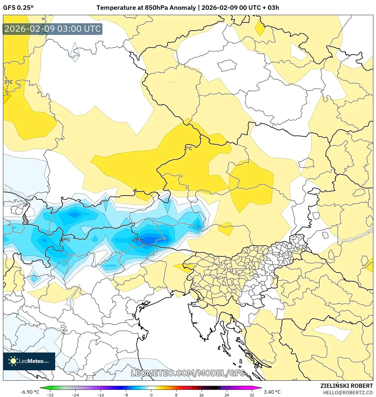 GFS model - Austria, Anomali Suhu 850 hPa