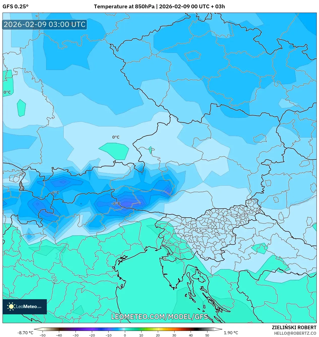 GFS model - Austria, Suhu 850 hPa