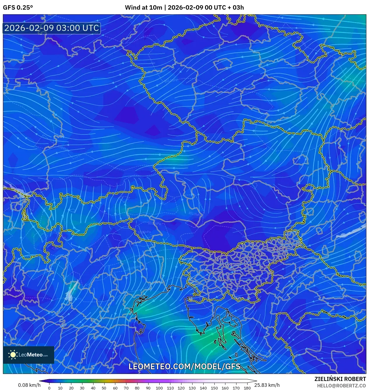 GFS model - Austria, Angin 10 m