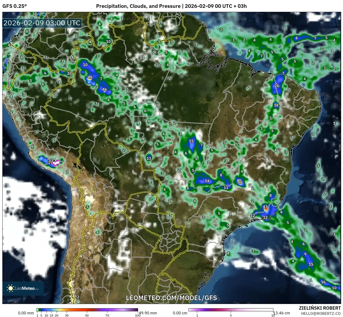 GFS model - Brazil, Hujan, Awan dan Tekanan