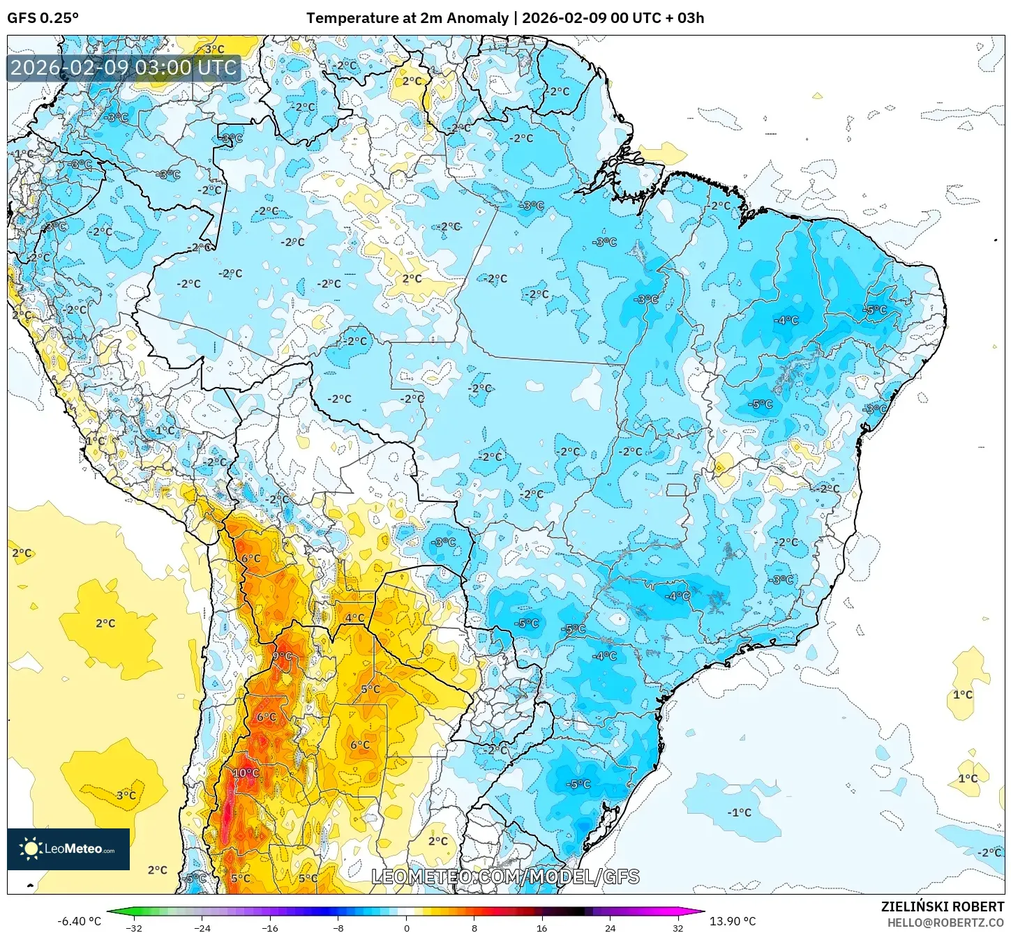 GFS model - Brazil, Anomali Suhu 2 m