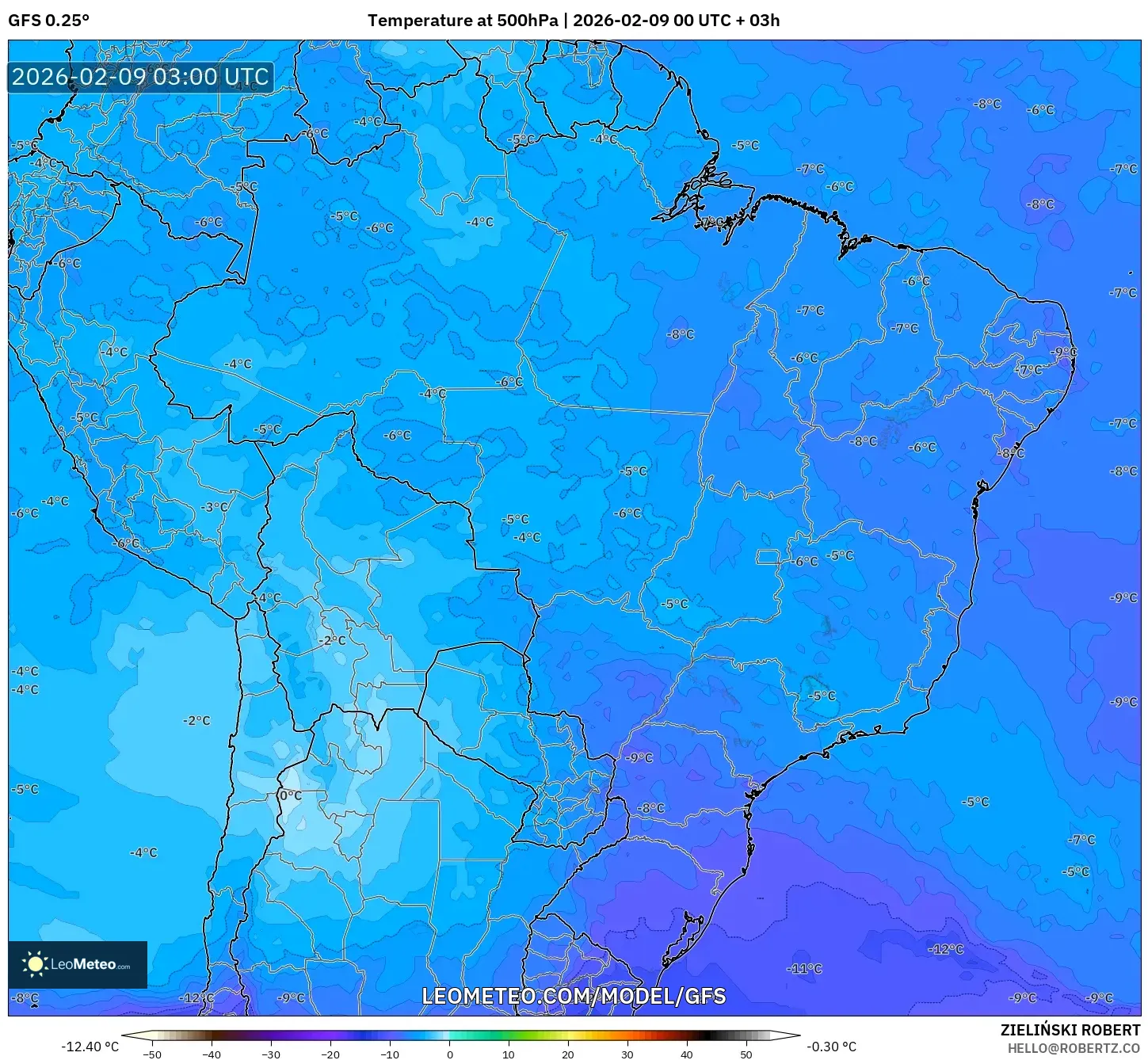 GFS model - Brazil, Suhu 500 hPa
