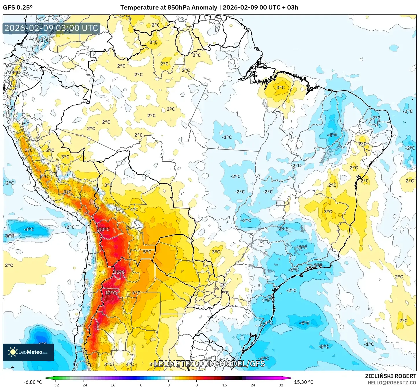 GFS model - Brazil, Anomali Suhu 850 hPa