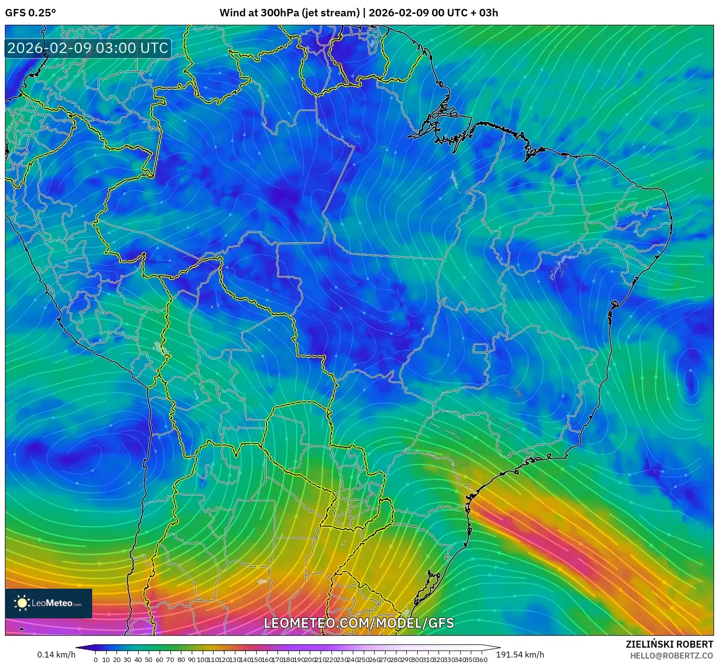 GFS model - Brazil, Angin 300 hPa (aliran jet)