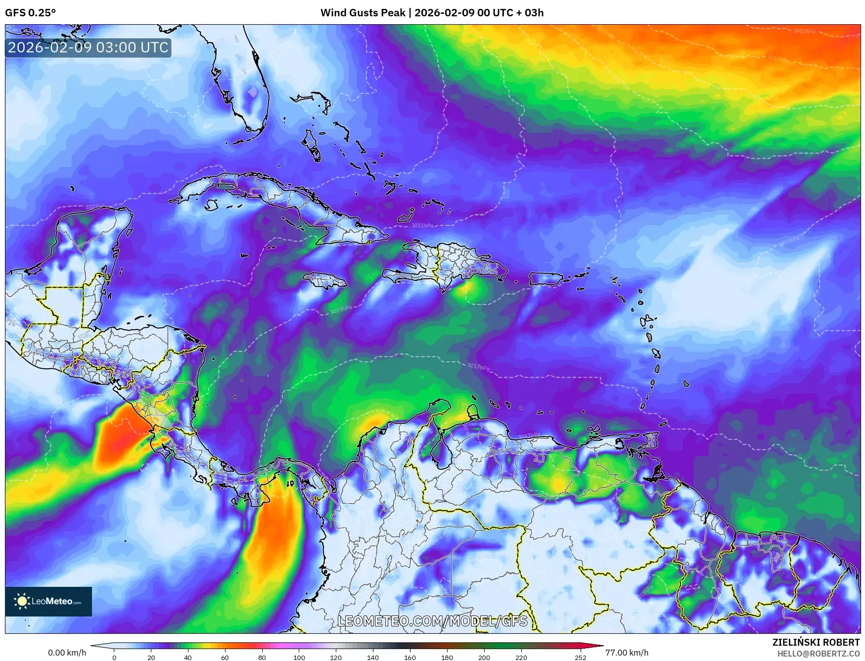 GFS model - Karibia, Hembusan Tertinggi