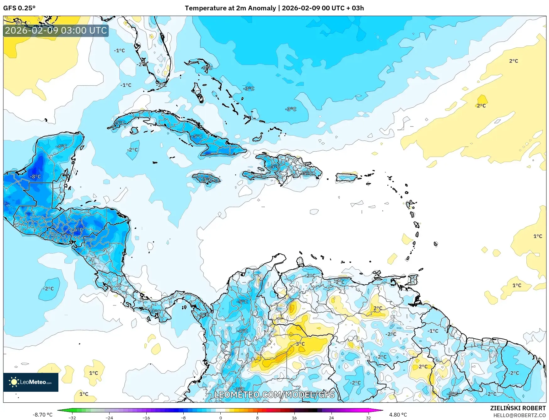 GFS model - Karibia, Anomali Suhu 2 m