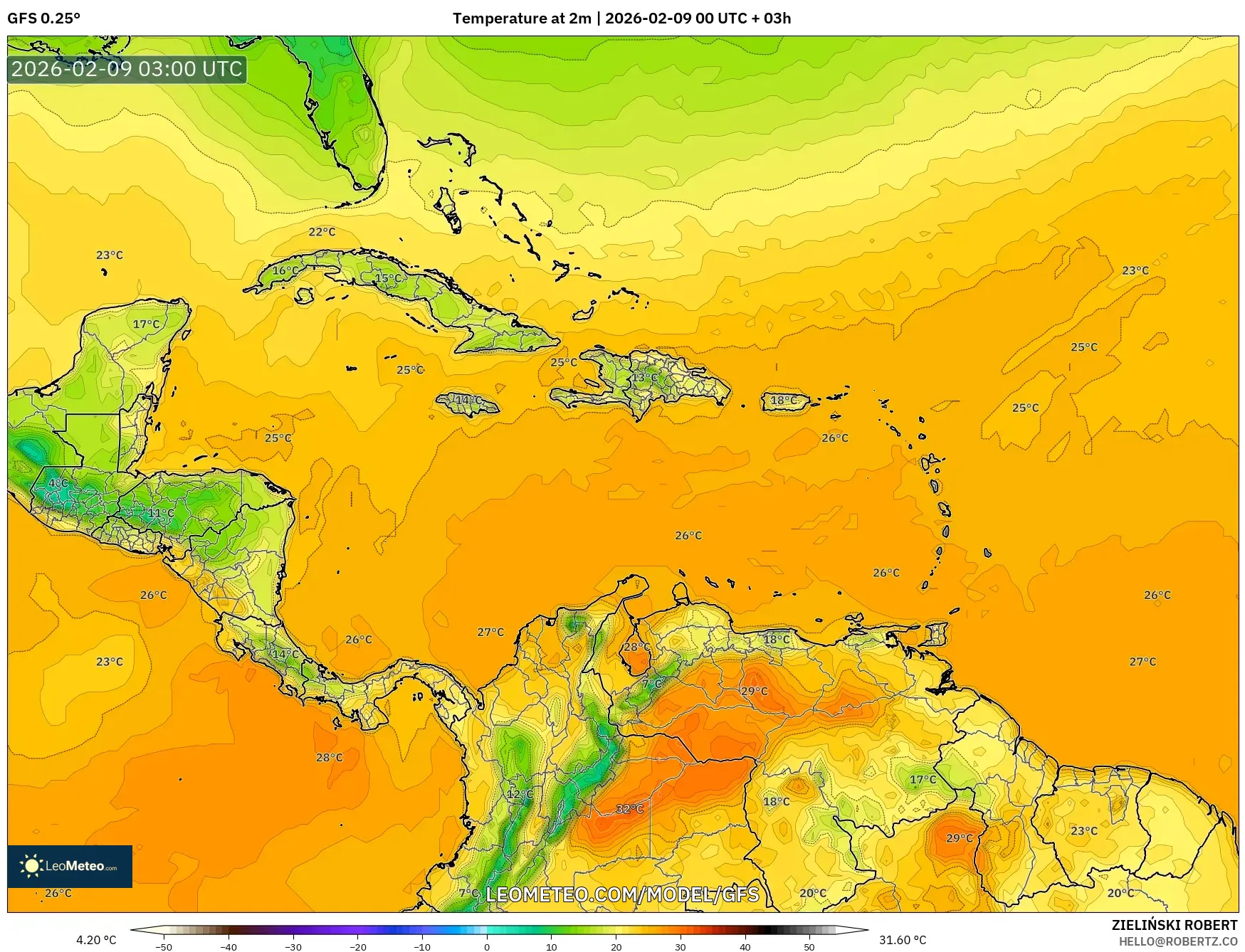GFS model - Karibia, Suhu pada 2 m
