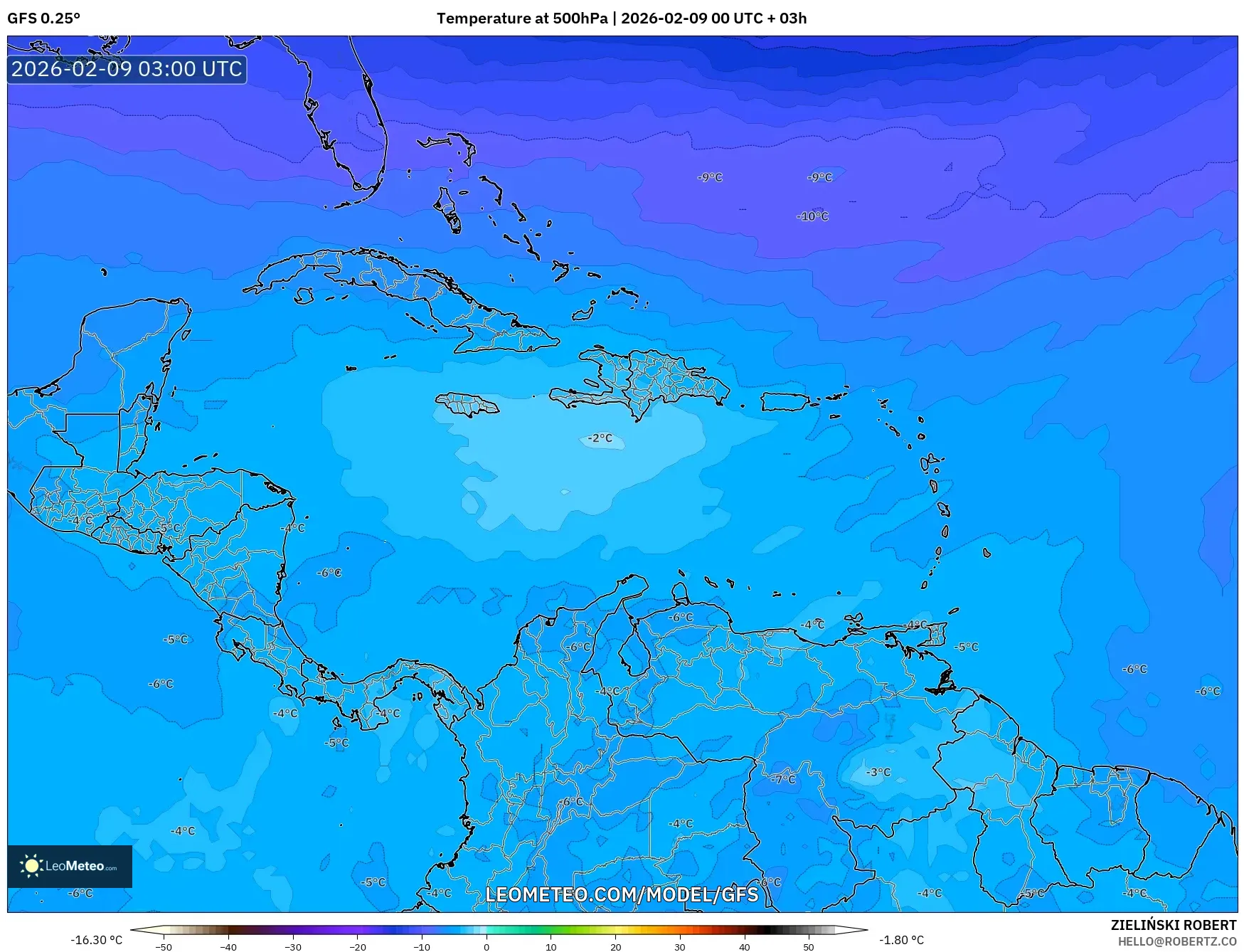 GFS model - Karibia, Suhu 500 hPa