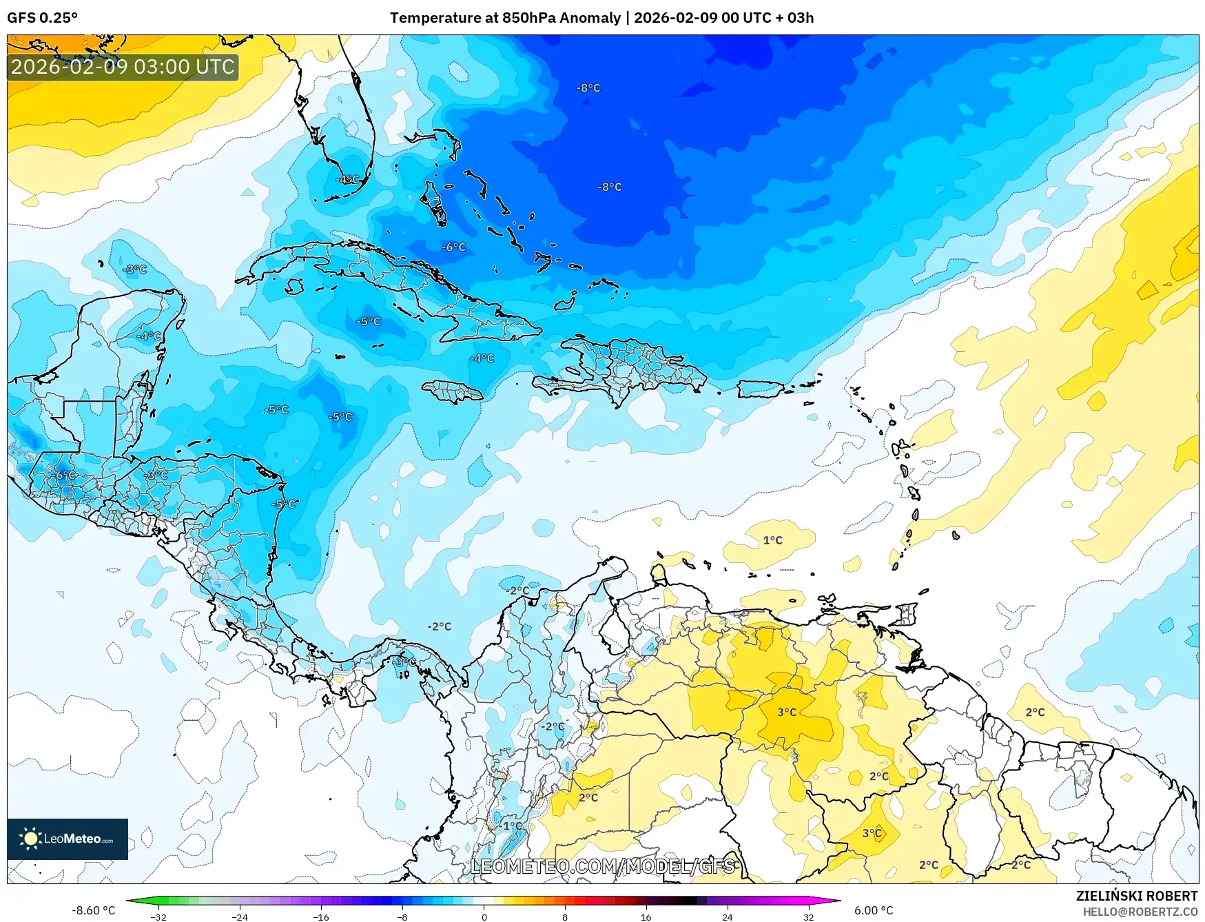 GFS model - Karibia, Anomali Suhu 850 hPa