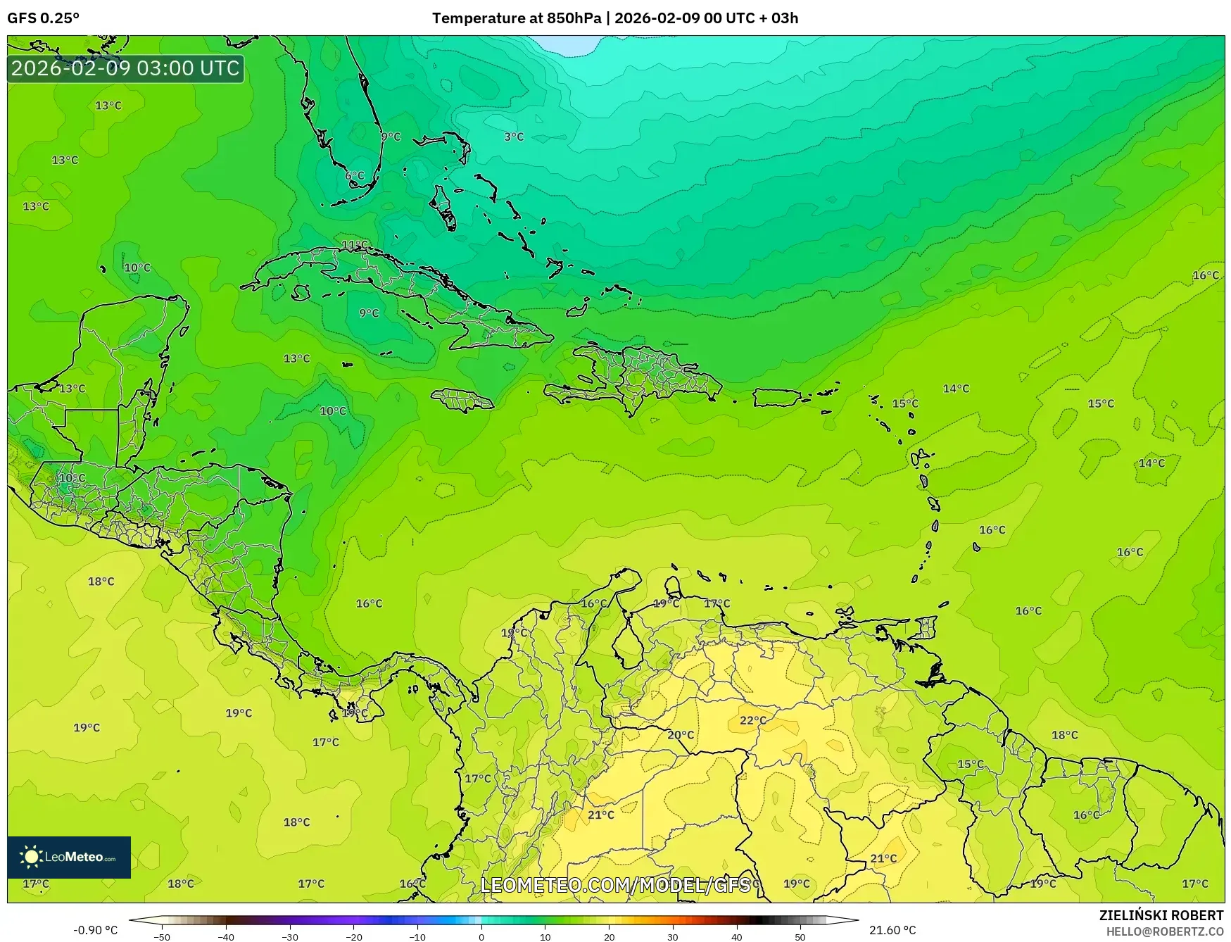 GFS model - Karibia, Suhu 850 hPa