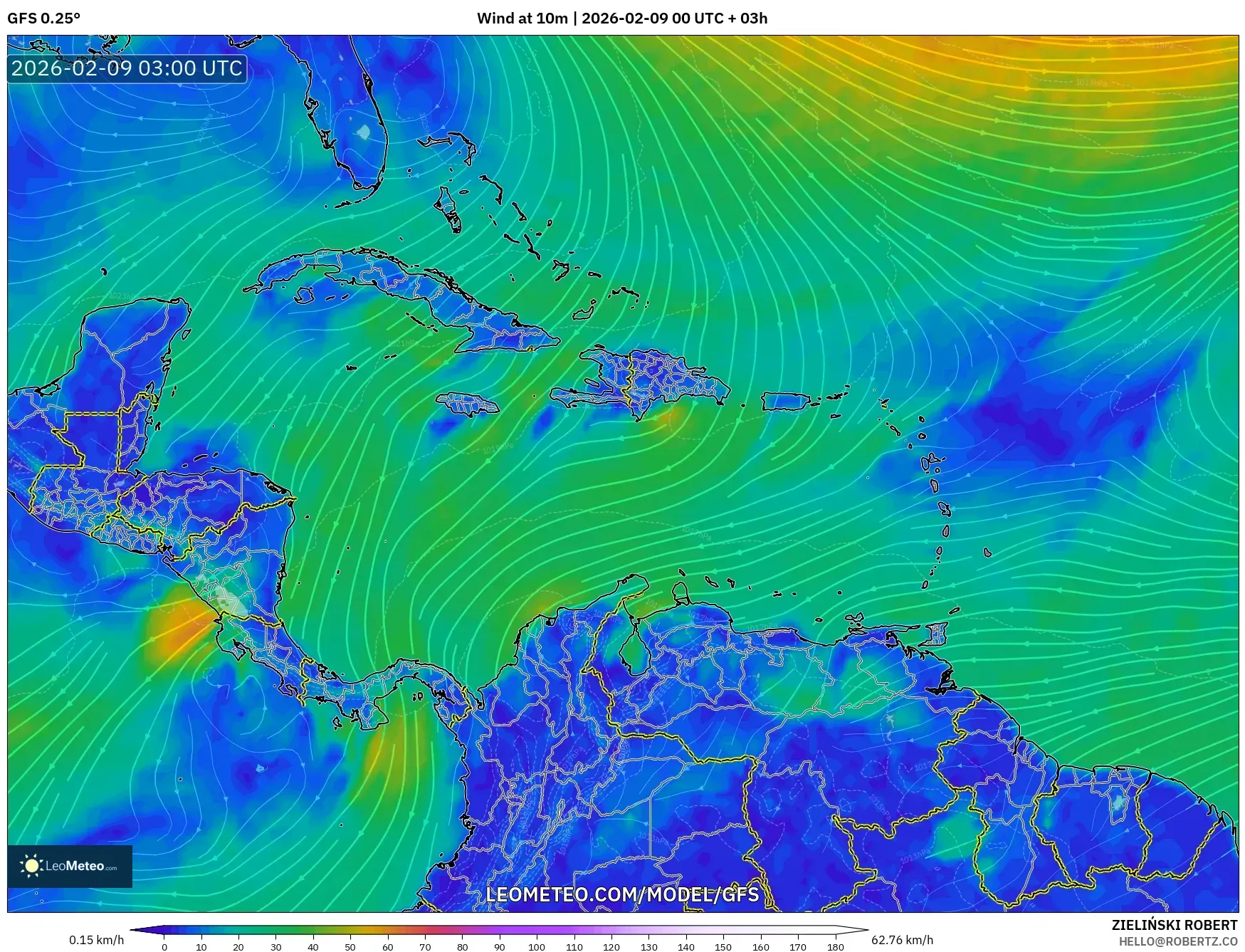 GFS model - Karibia, Angin 10 m