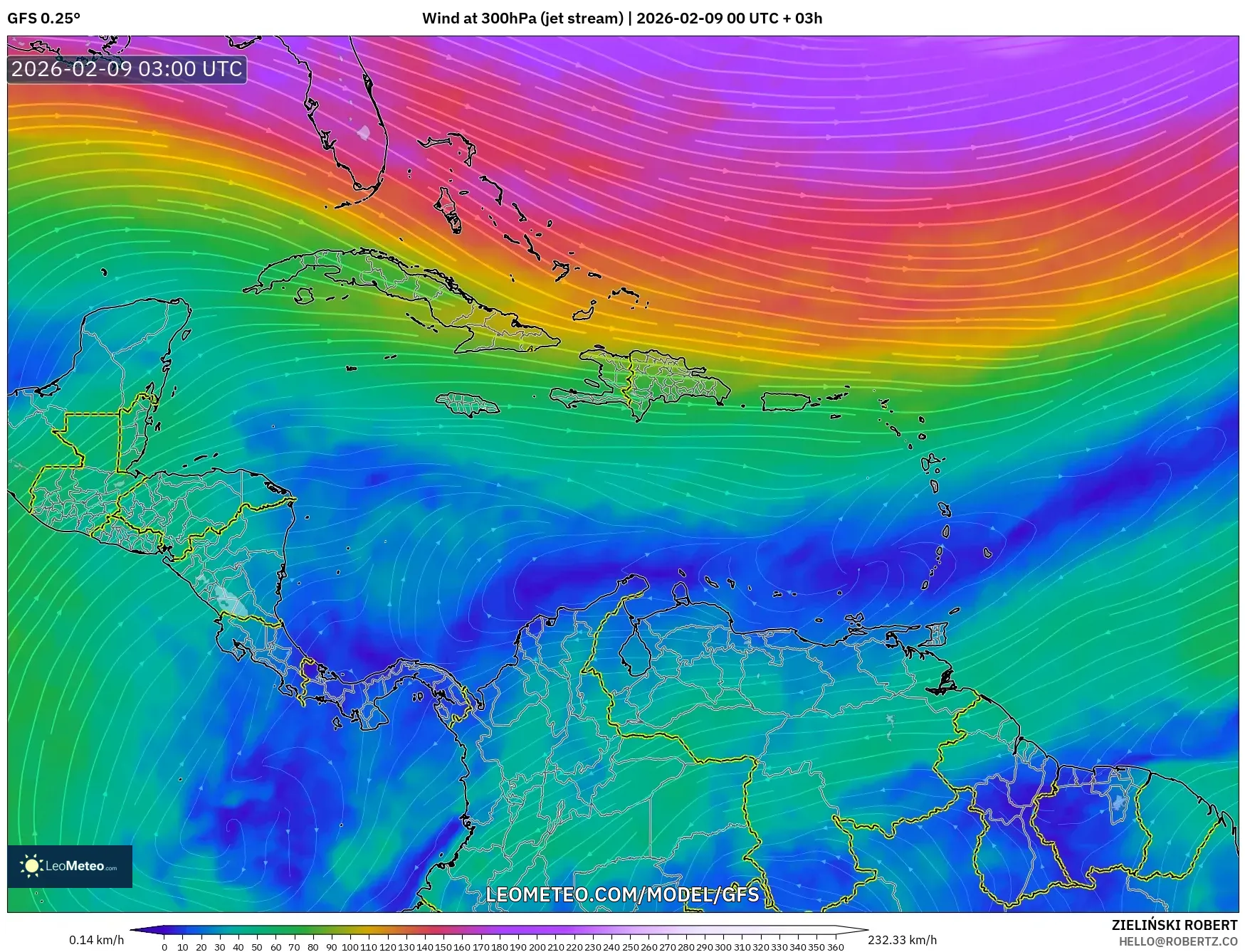 GFS model - Karibia, Angin 300 hPa (aliran jet)