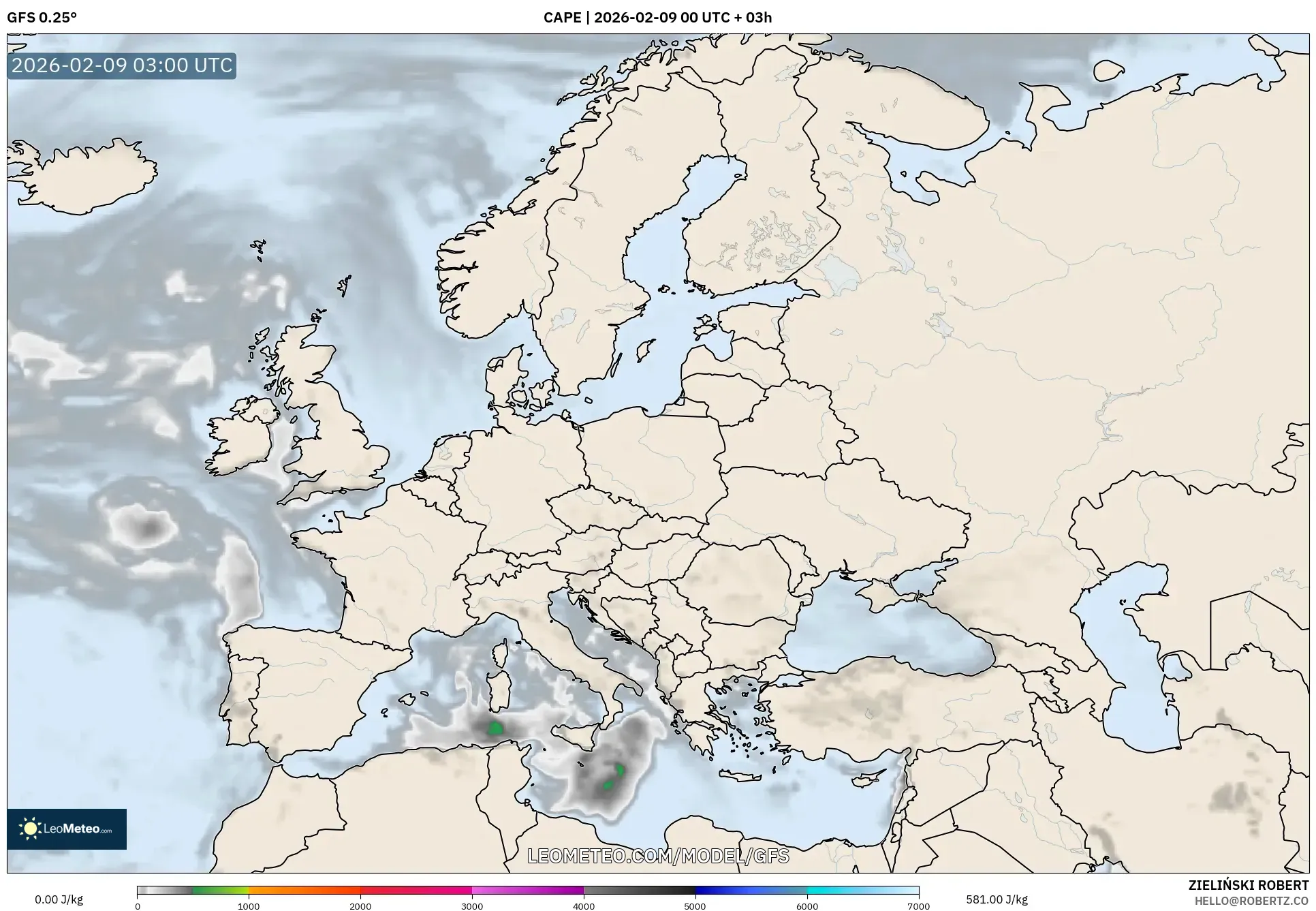 GFS model - Eropah, CAPE