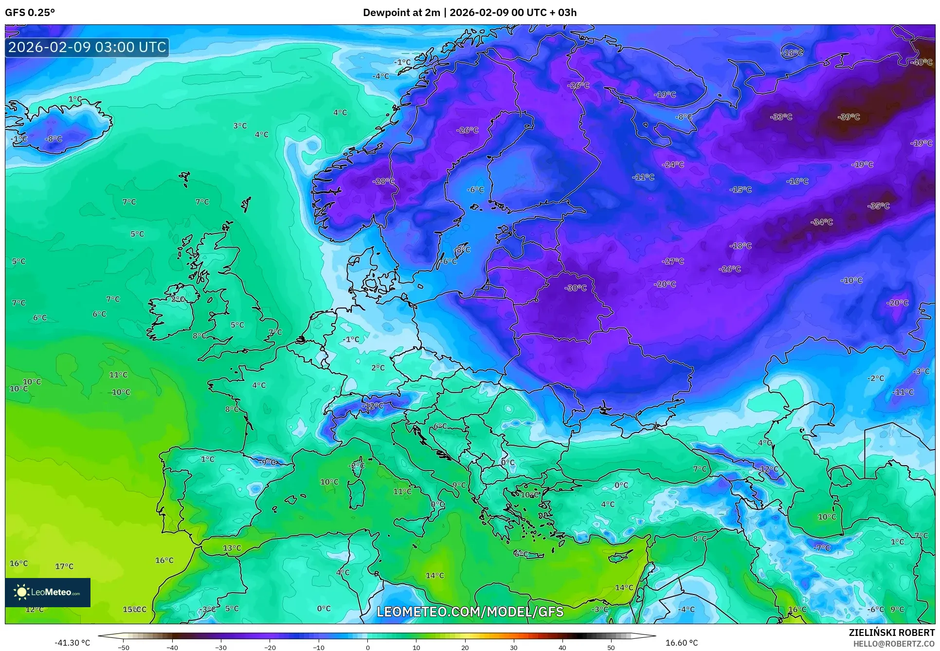 GFS model - Eropah, Takat Embun 2 m