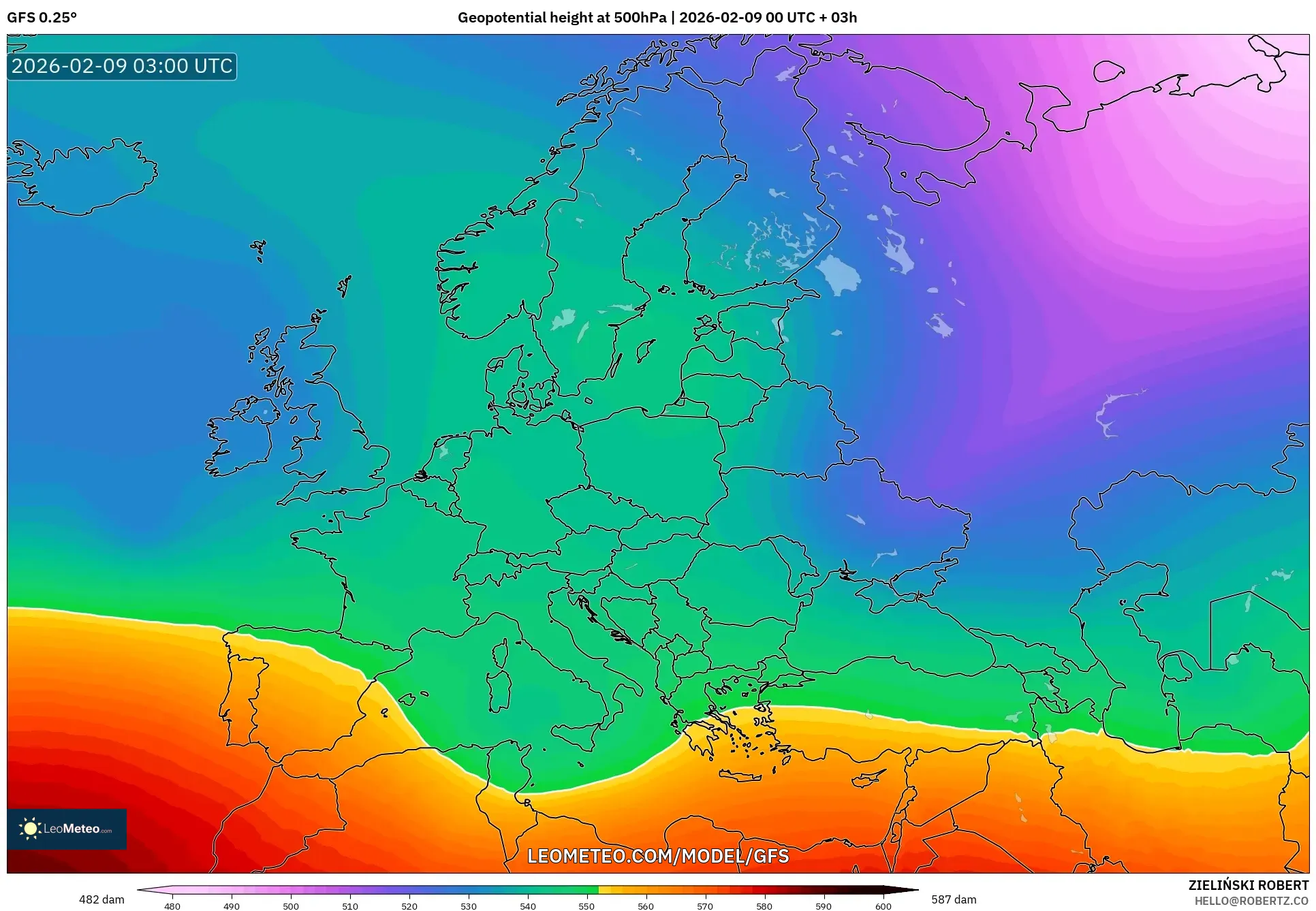 GFS model - Eropah, Ketinggian geopotensial pada 500 hPa
