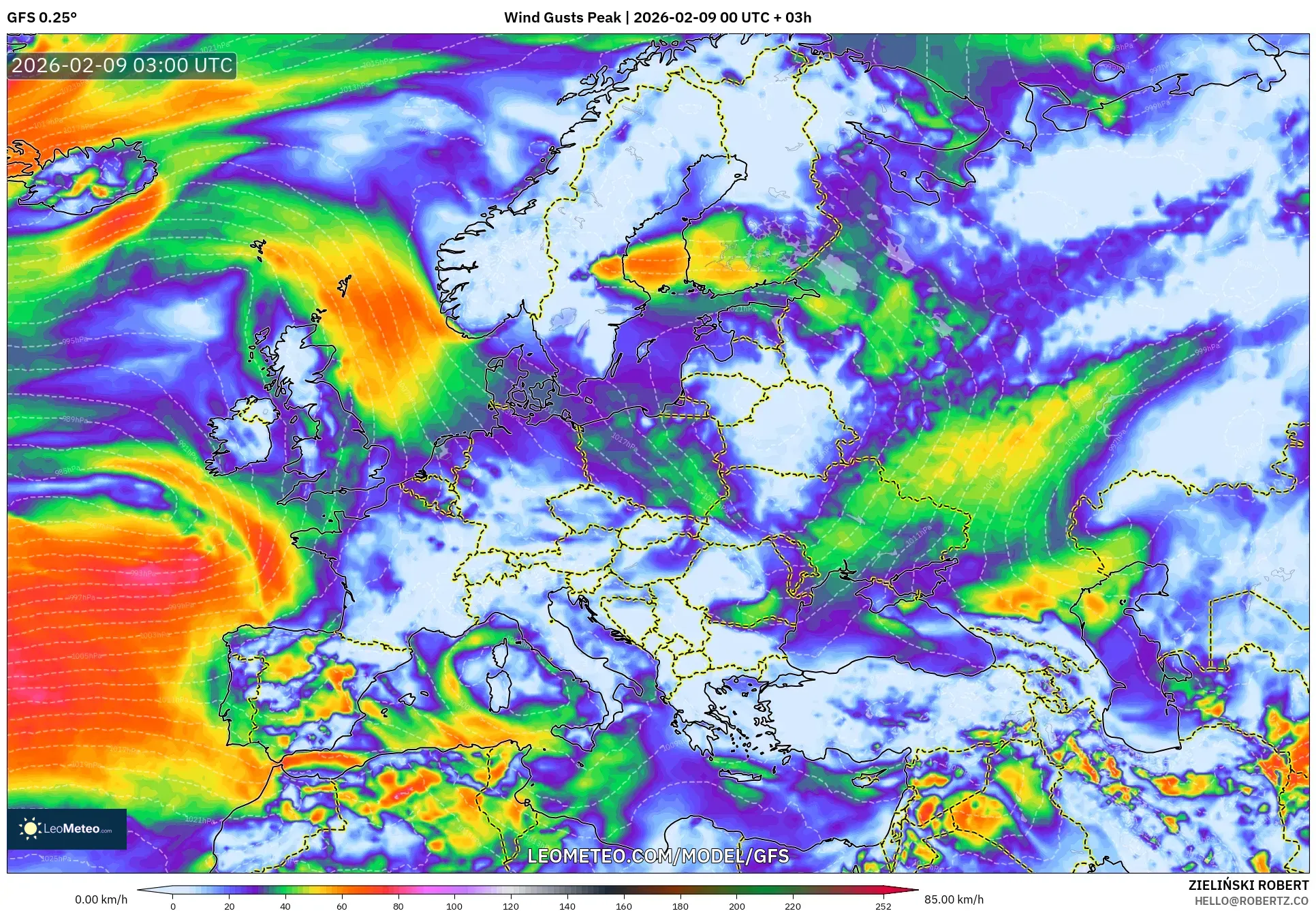 GFS model - Eropah, Hembusan Tertinggi