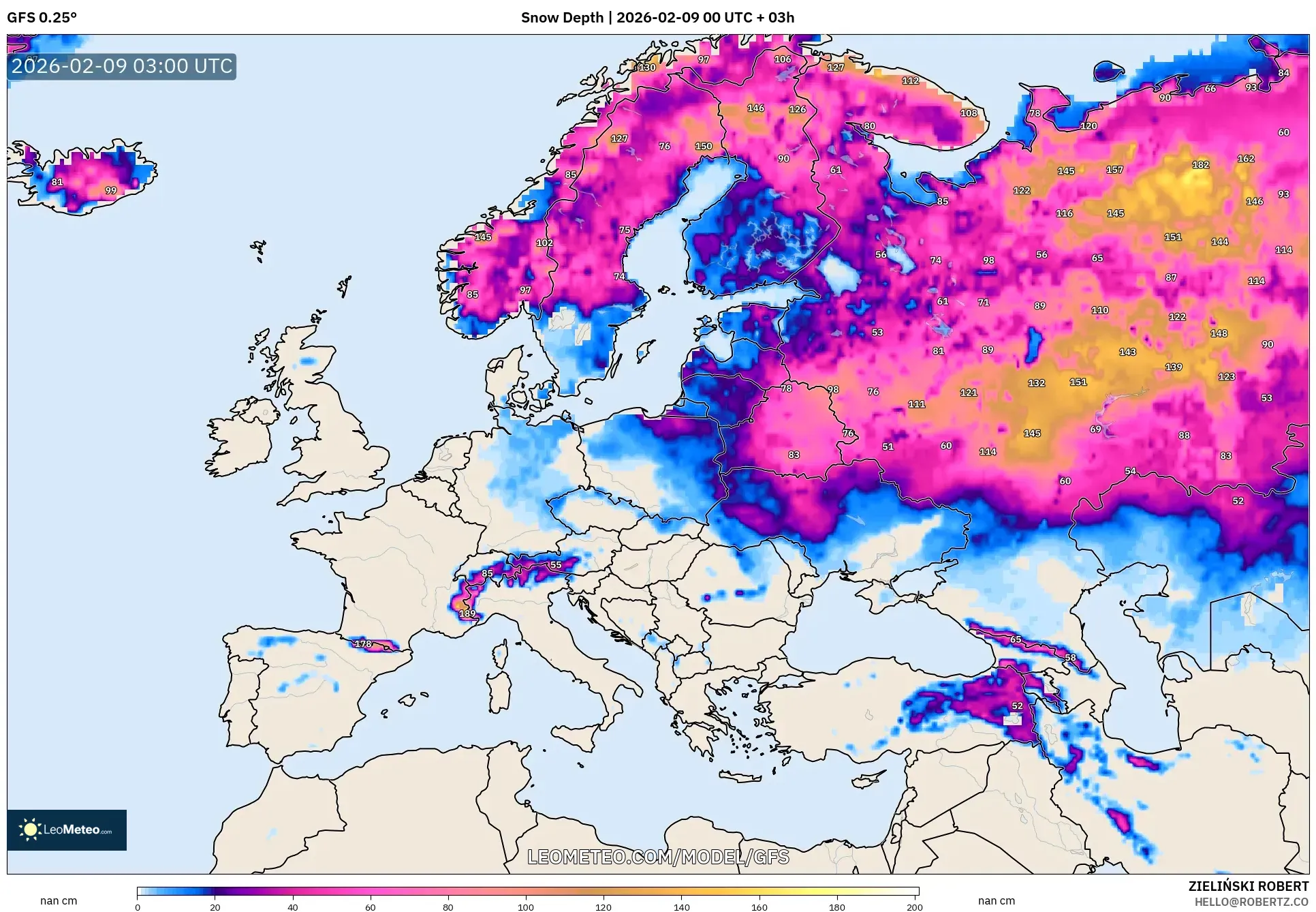GFS model - Eropah, Ketebalan Salji