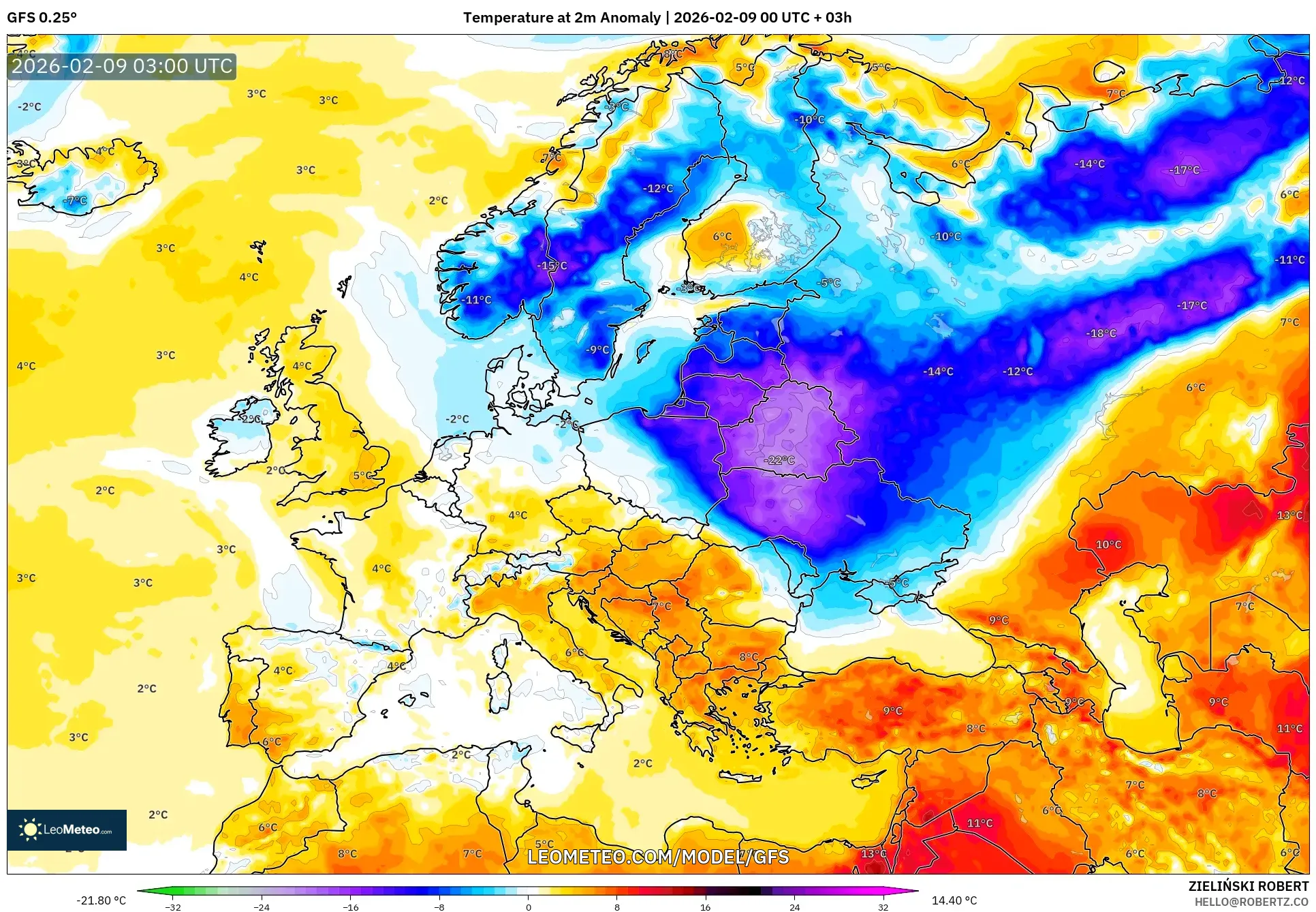 GFS model - Eropah, Anomali Suhu 2 m