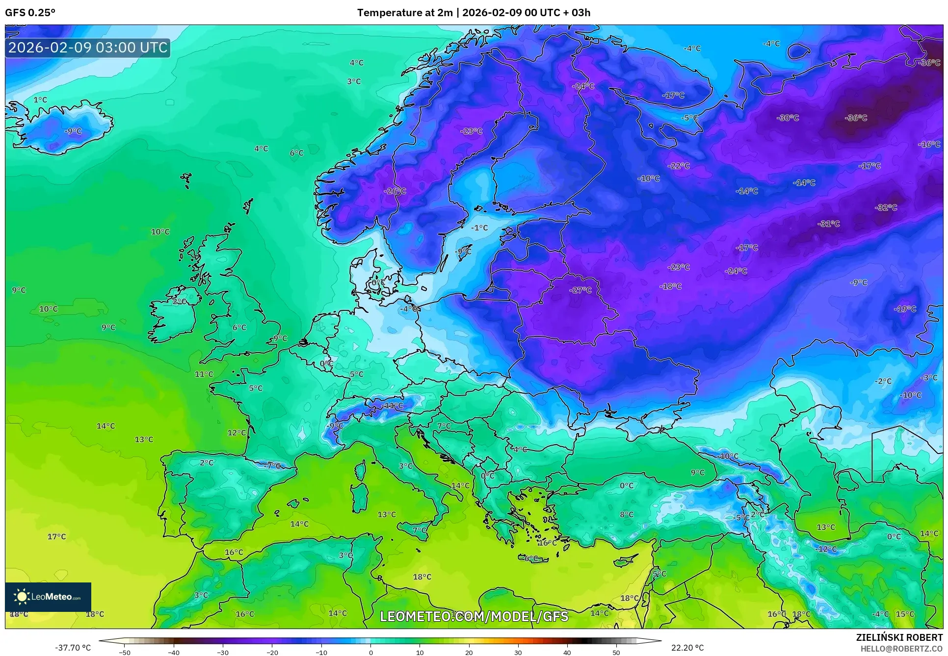 GFS model - Eropah, Suhu pada 2 m