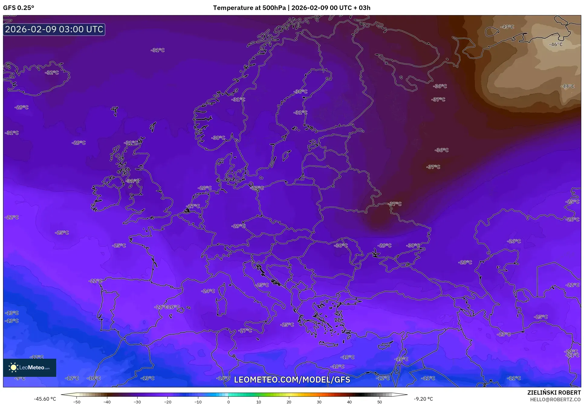 GFS model - Eropah, Suhu 500 hPa