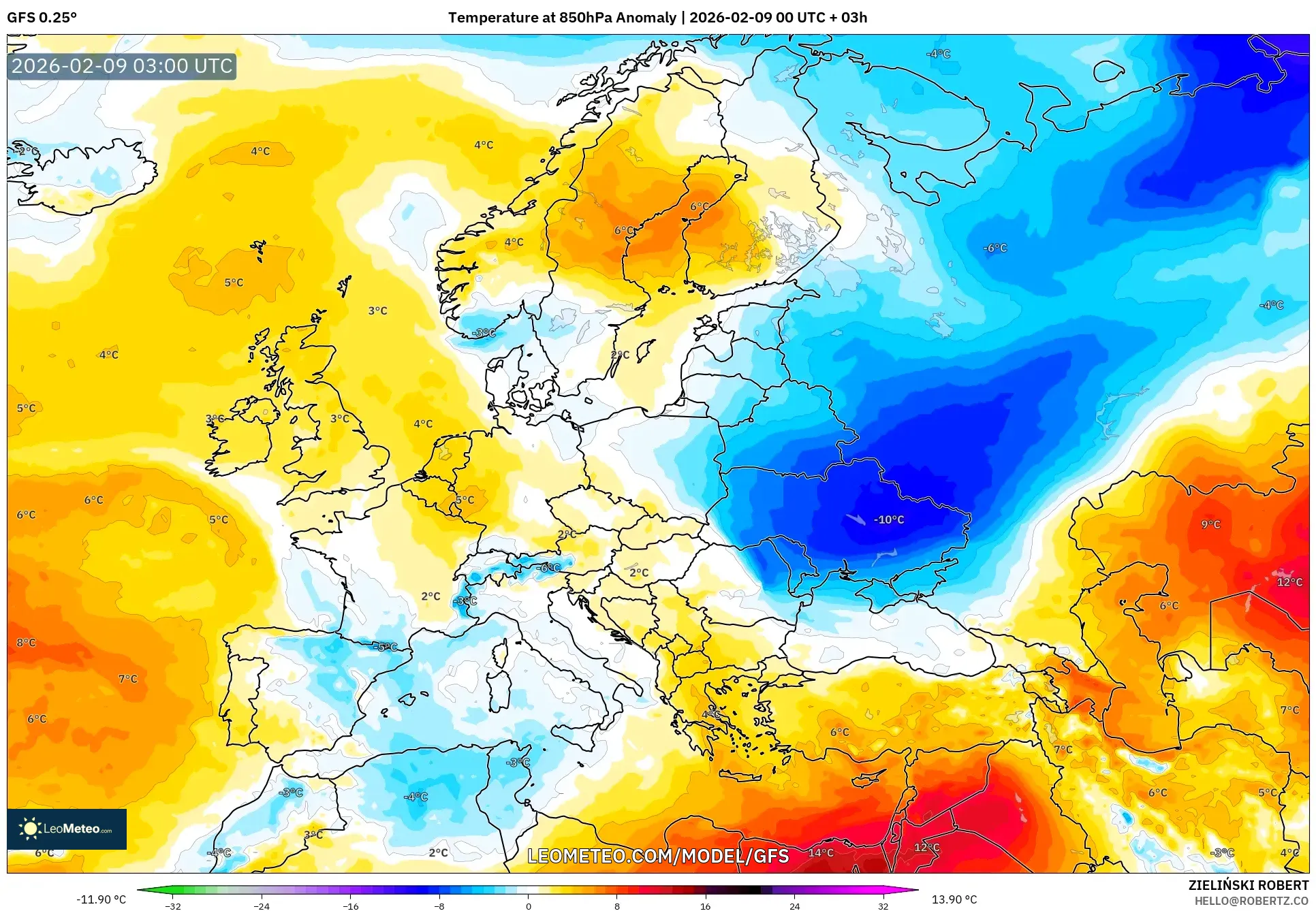 GFS model - Eropah, Anomali Suhu 850 hPa