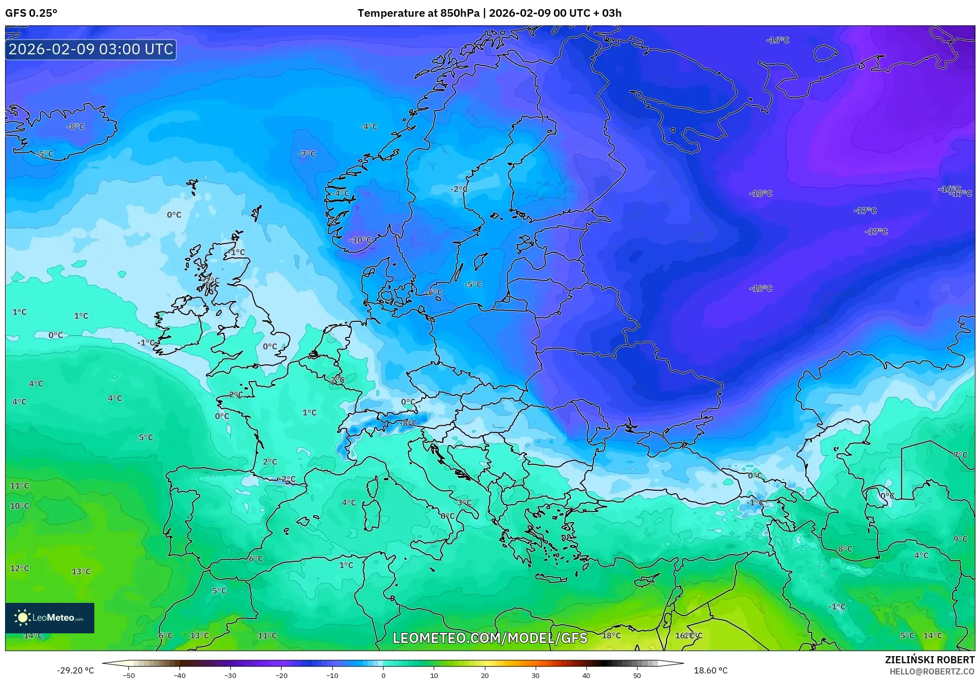 GFS model - Eropah, Suhu 850 hPa