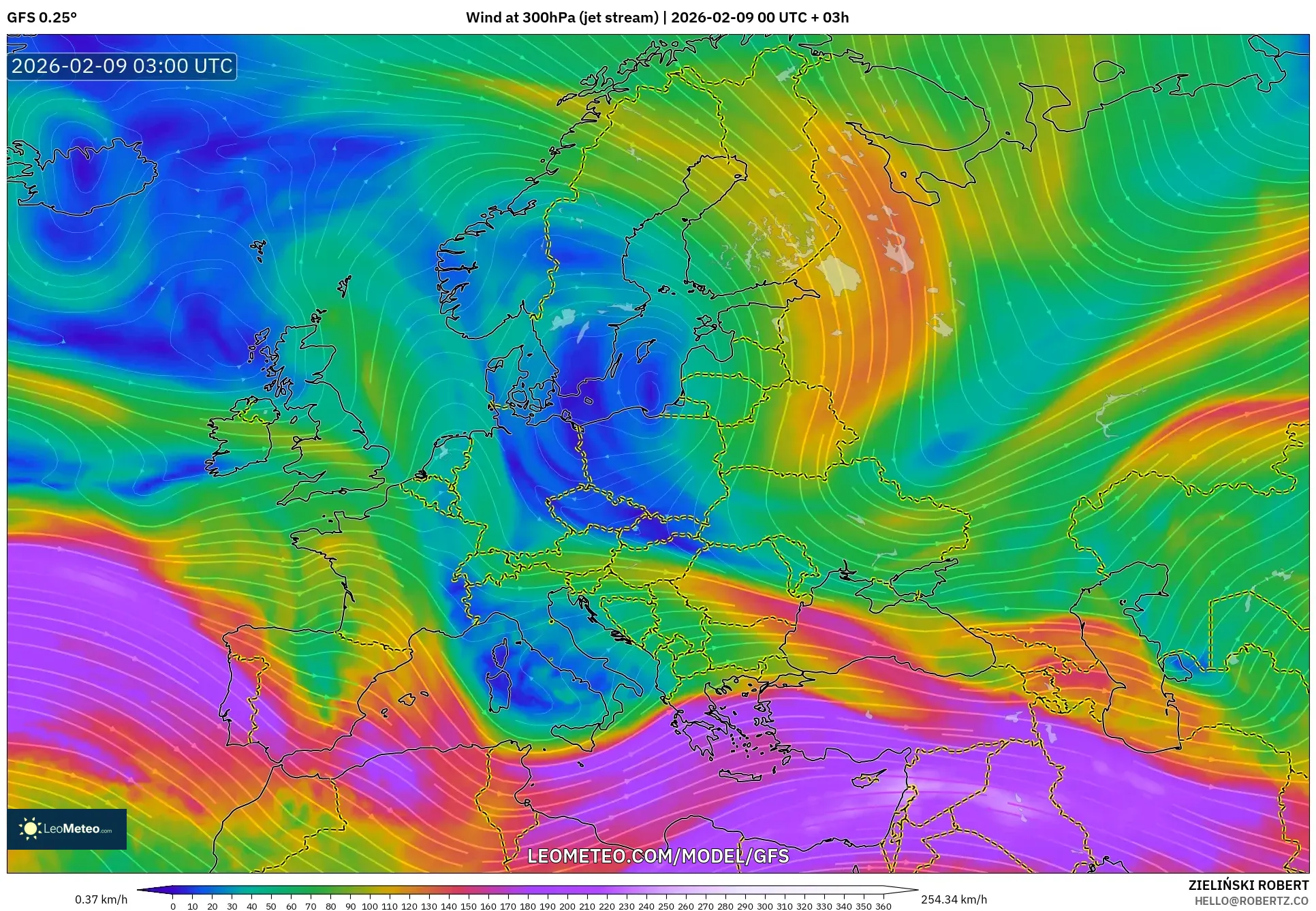 GFS model - Eropah, Angin 300 hPa (aliran jet)