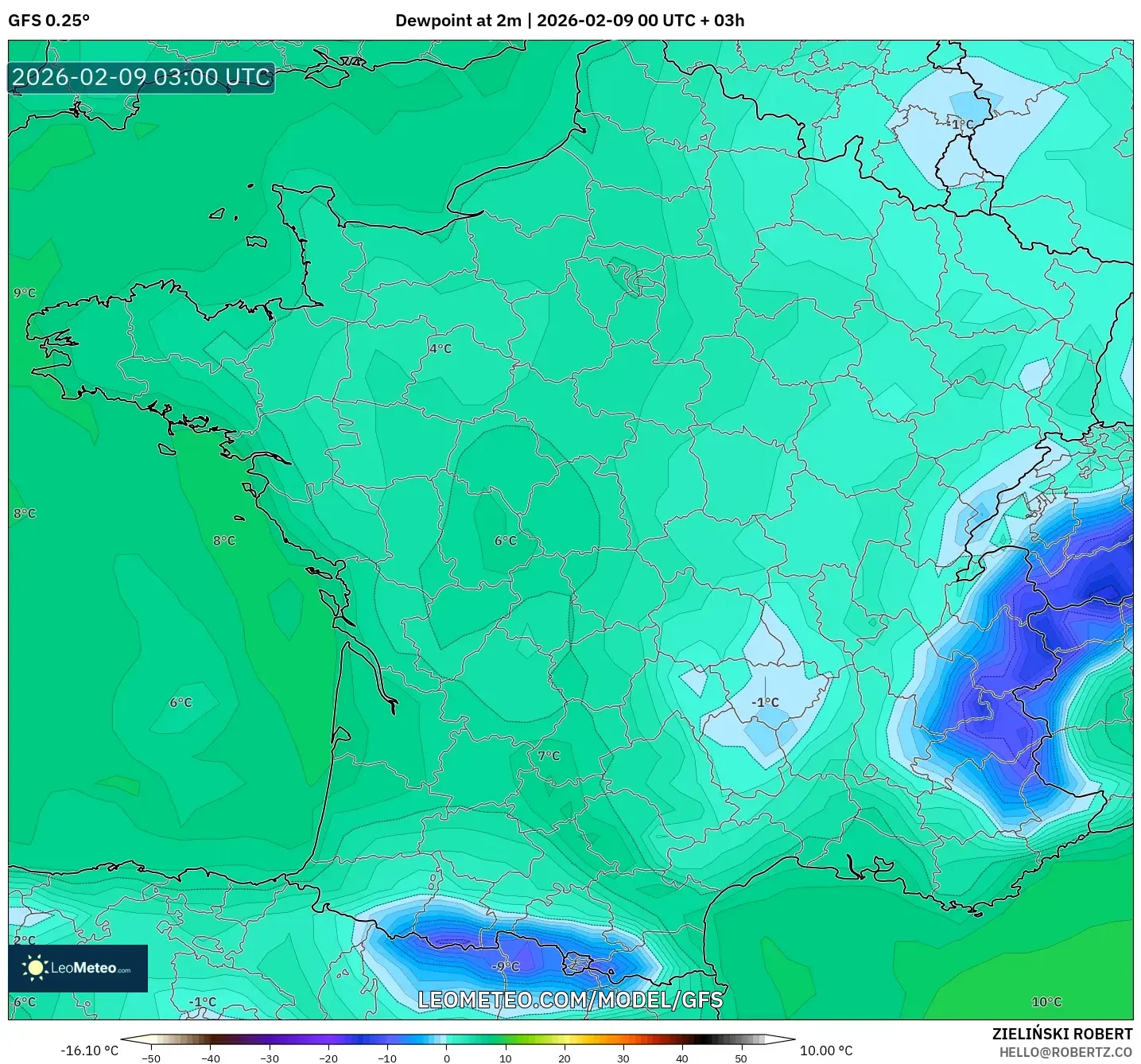 GFS model - Perancis, Takat Embun 2 m