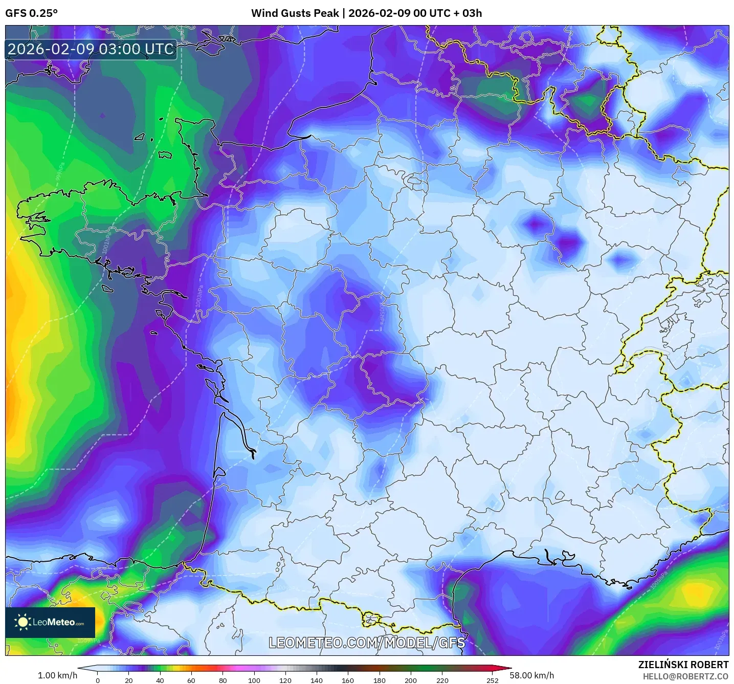GFS model - Perancis, Hembusan Tertinggi