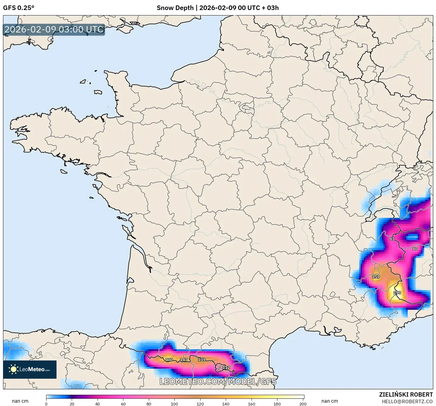 GFS model - Perancis, Ketebalan Salji