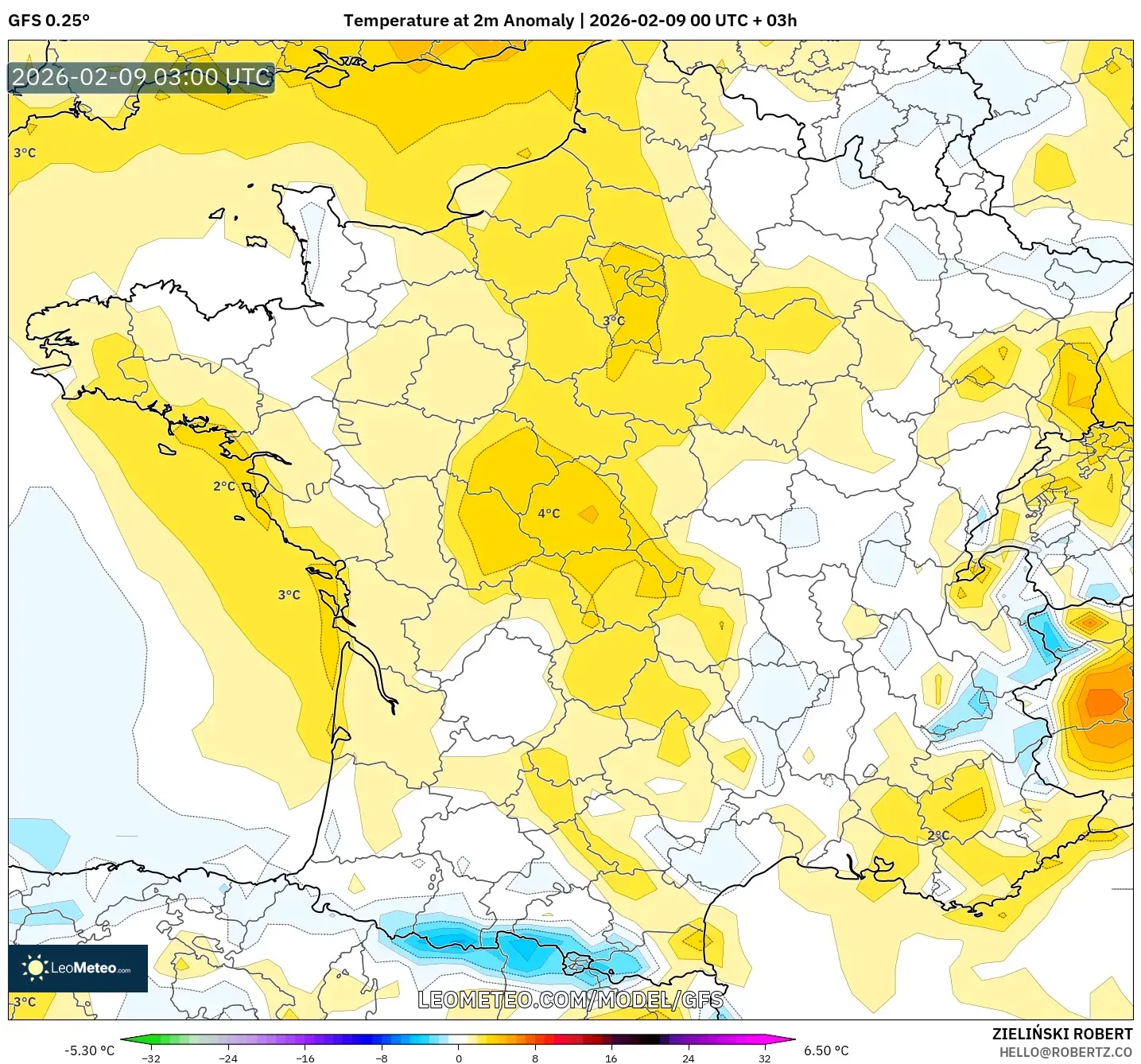 GFS model - Perancis, Anomali Suhu 2 m