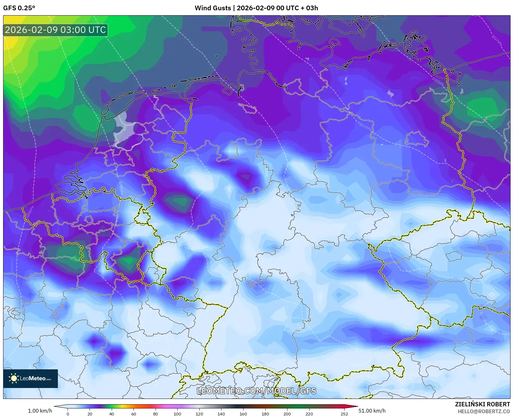 GFS model - Jerman, Hembusan Angin