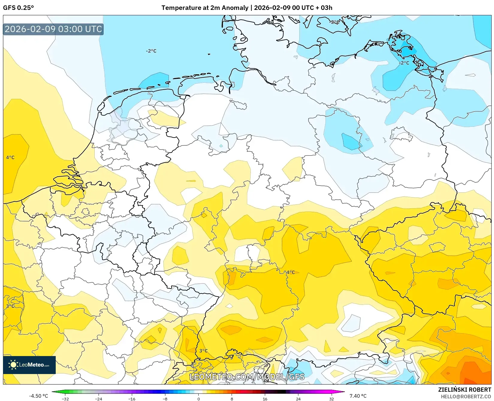 GFS model - Jerman, Anomali Suhu 2 m