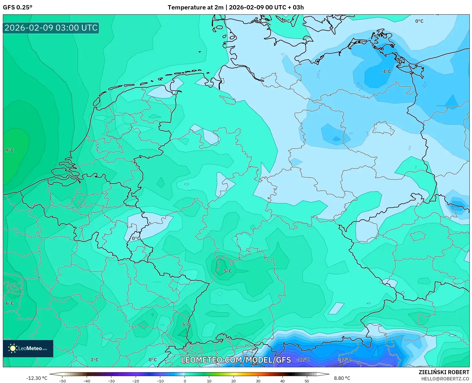 GFS model - Jerman, Suhu pada 2 m