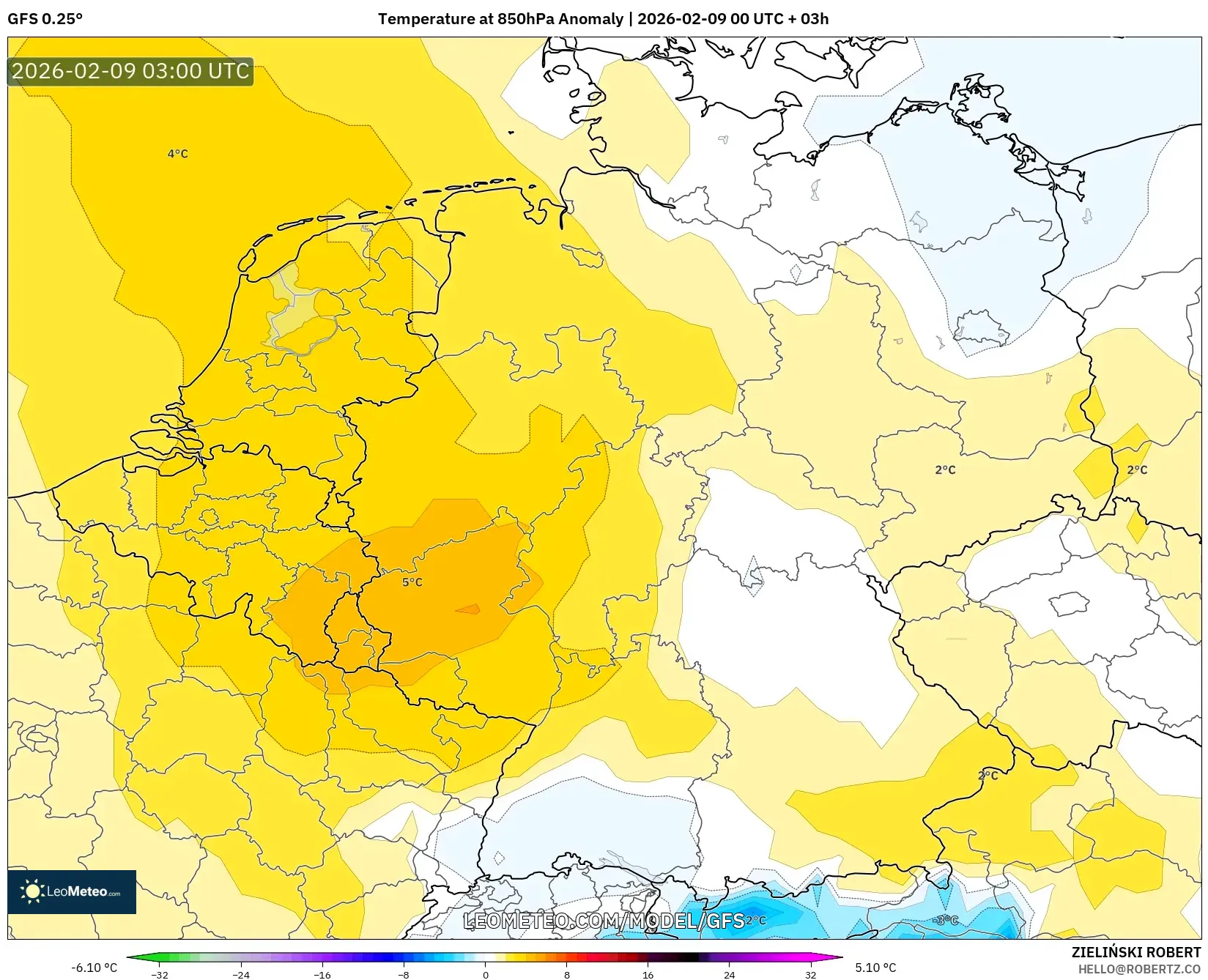GFS model - Jerman, Anomali Suhu 850 hPa