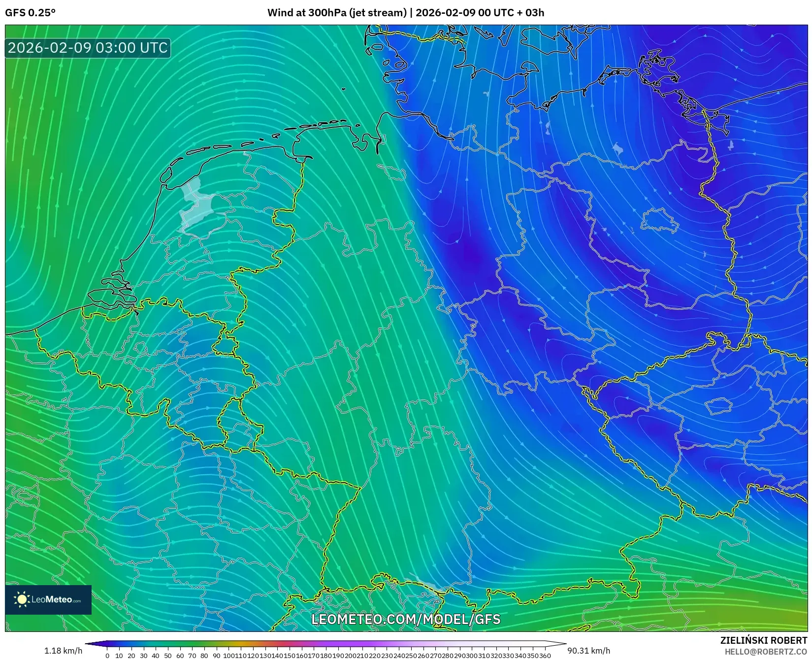 GFS model - Jerman, Angin 300 hPa (aliran jet)