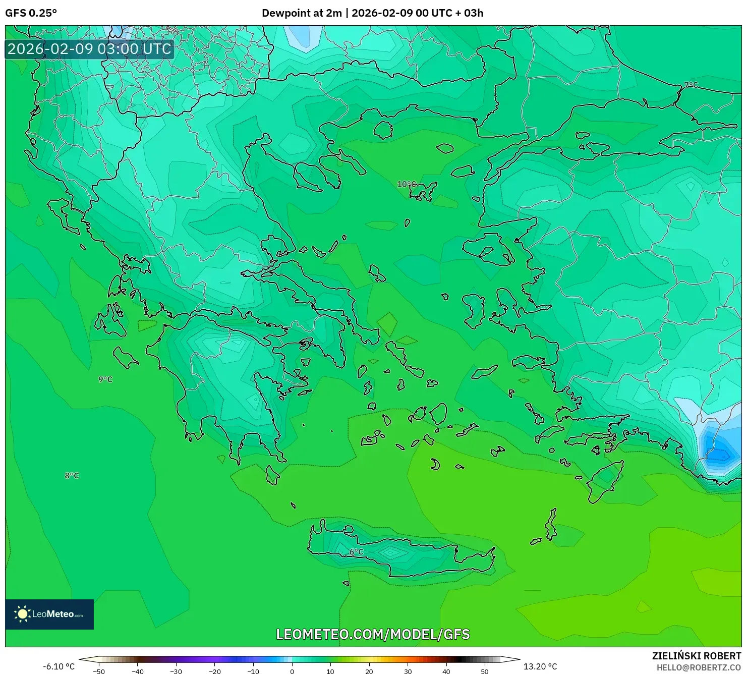GFS model - Yunani, Takat Embun 2 m
