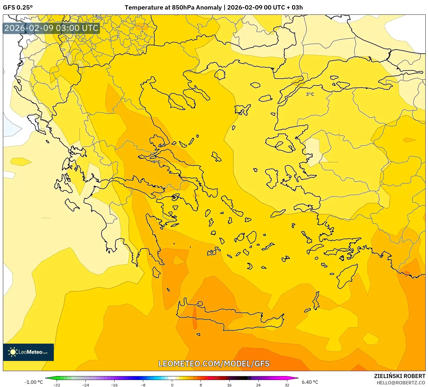 GFS model - Yunani, Anomali Suhu 850 hPa