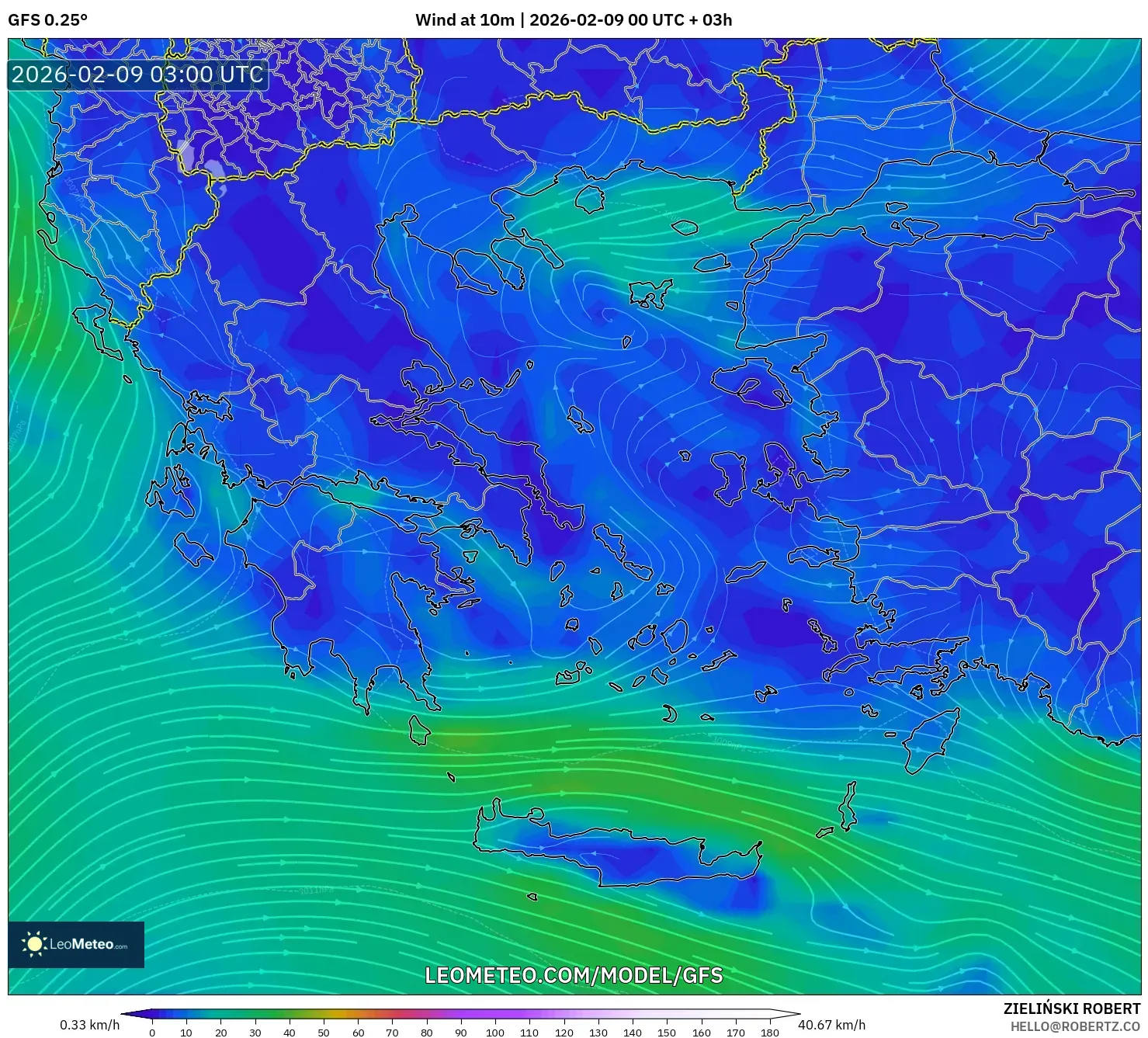 GFS model - Yunani, Angin 10 m