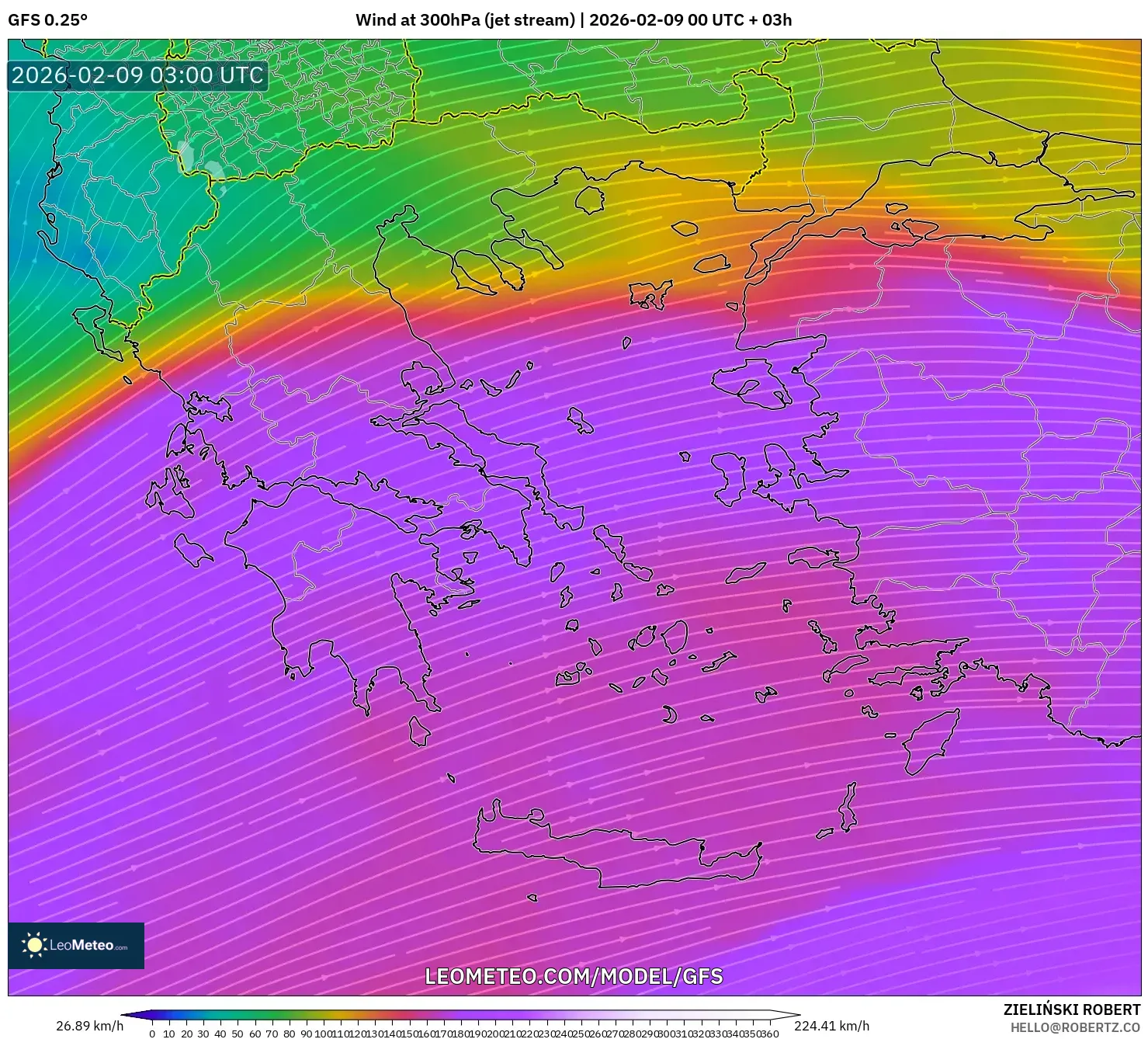 GFS model - Yunani, Angin 300 hPa (aliran jet)