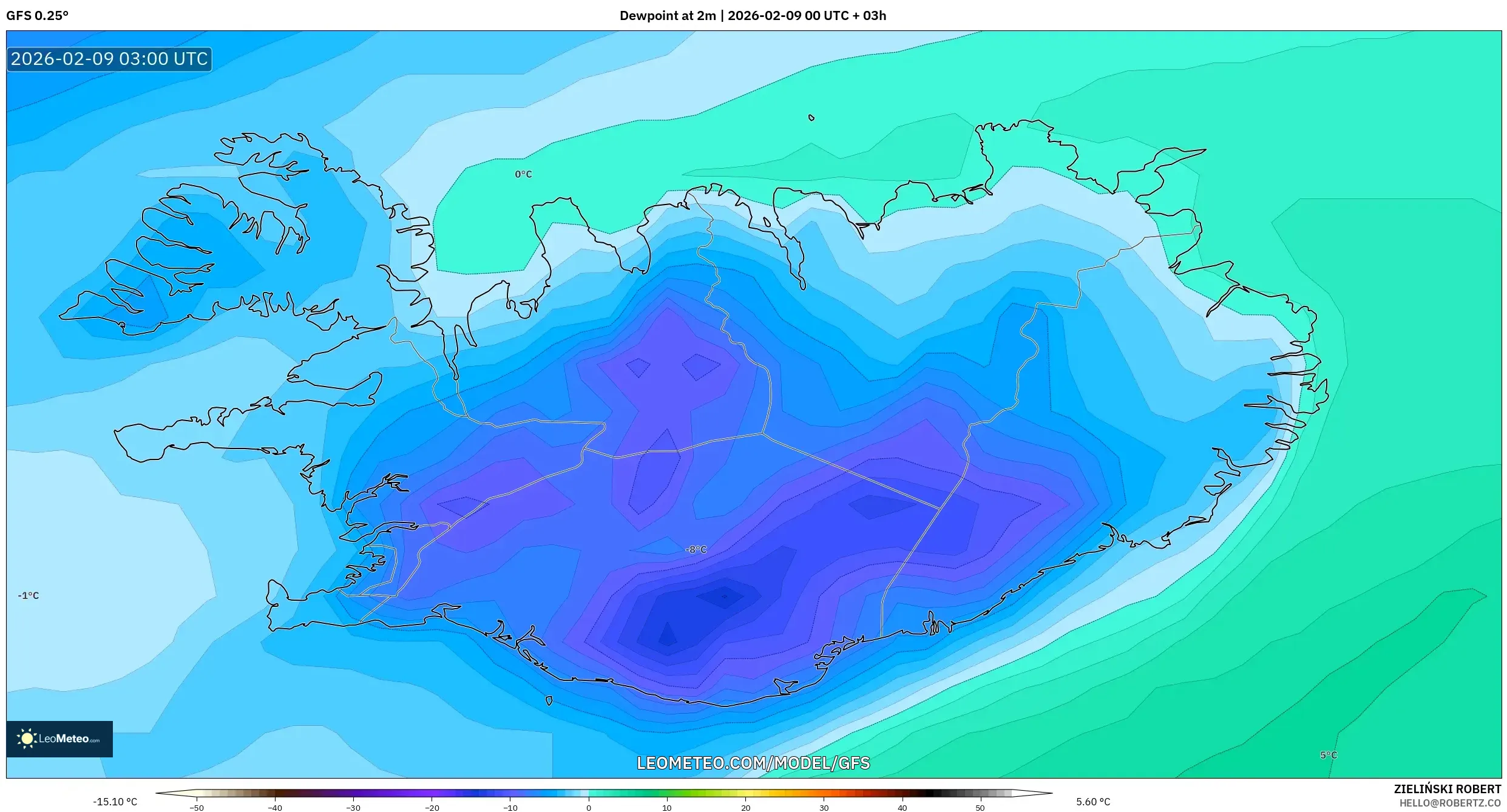 GFS model - Iceland, Takat Embun 2 m