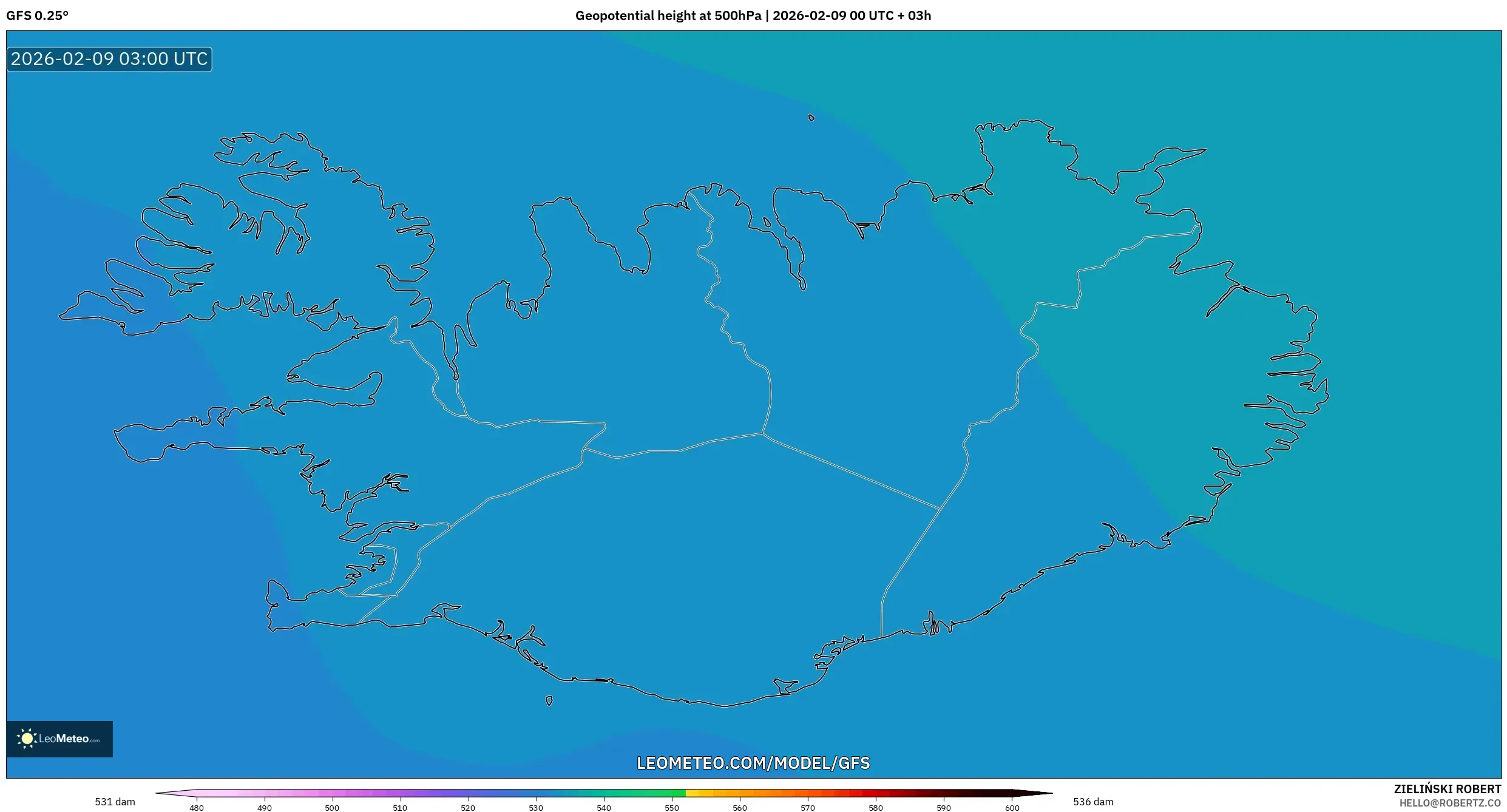 GFS model - Iceland, Ketinggian geopotensial pada 500 hPa