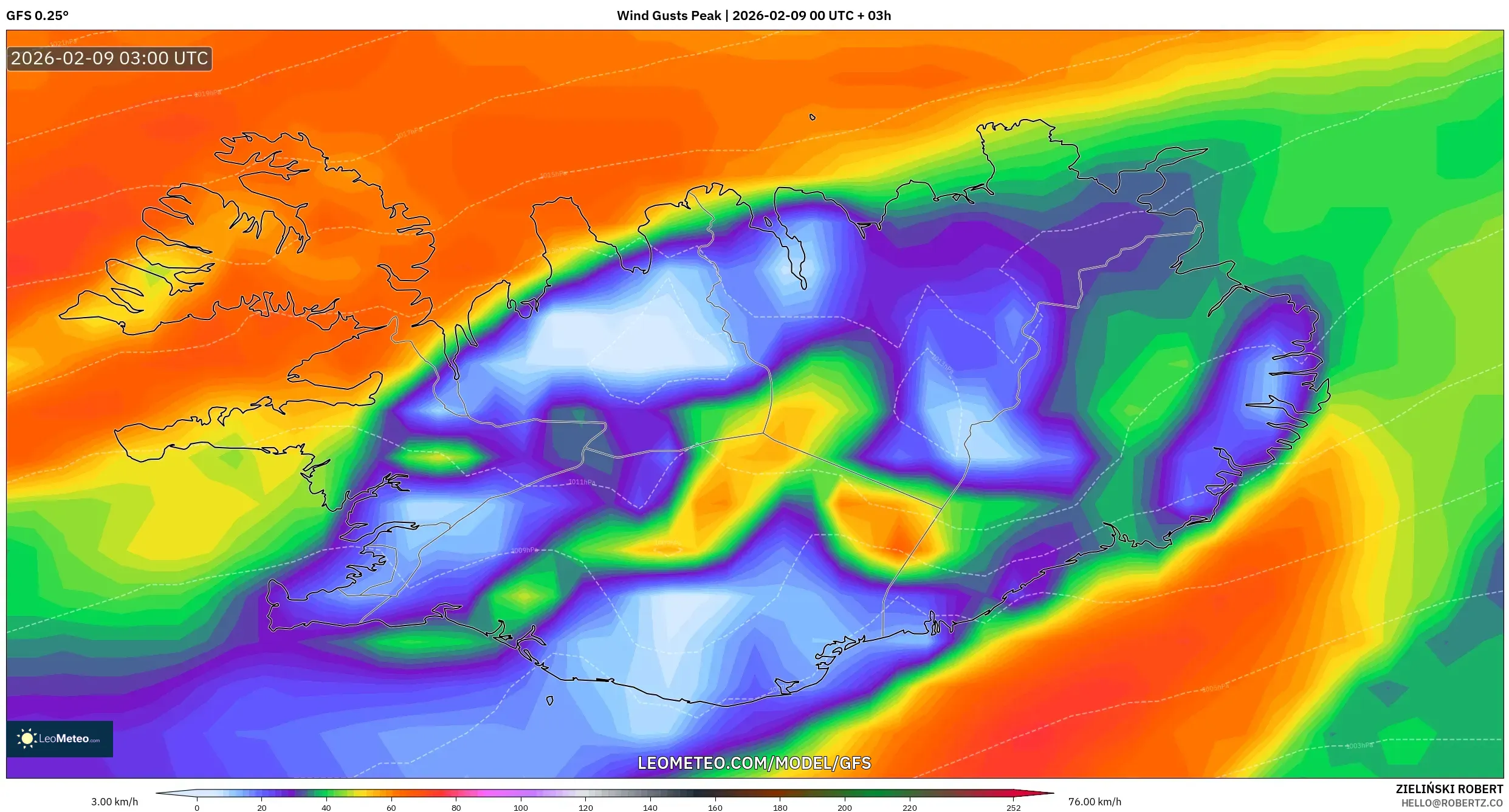 GFS model - Iceland, Hembusan Tertinggi